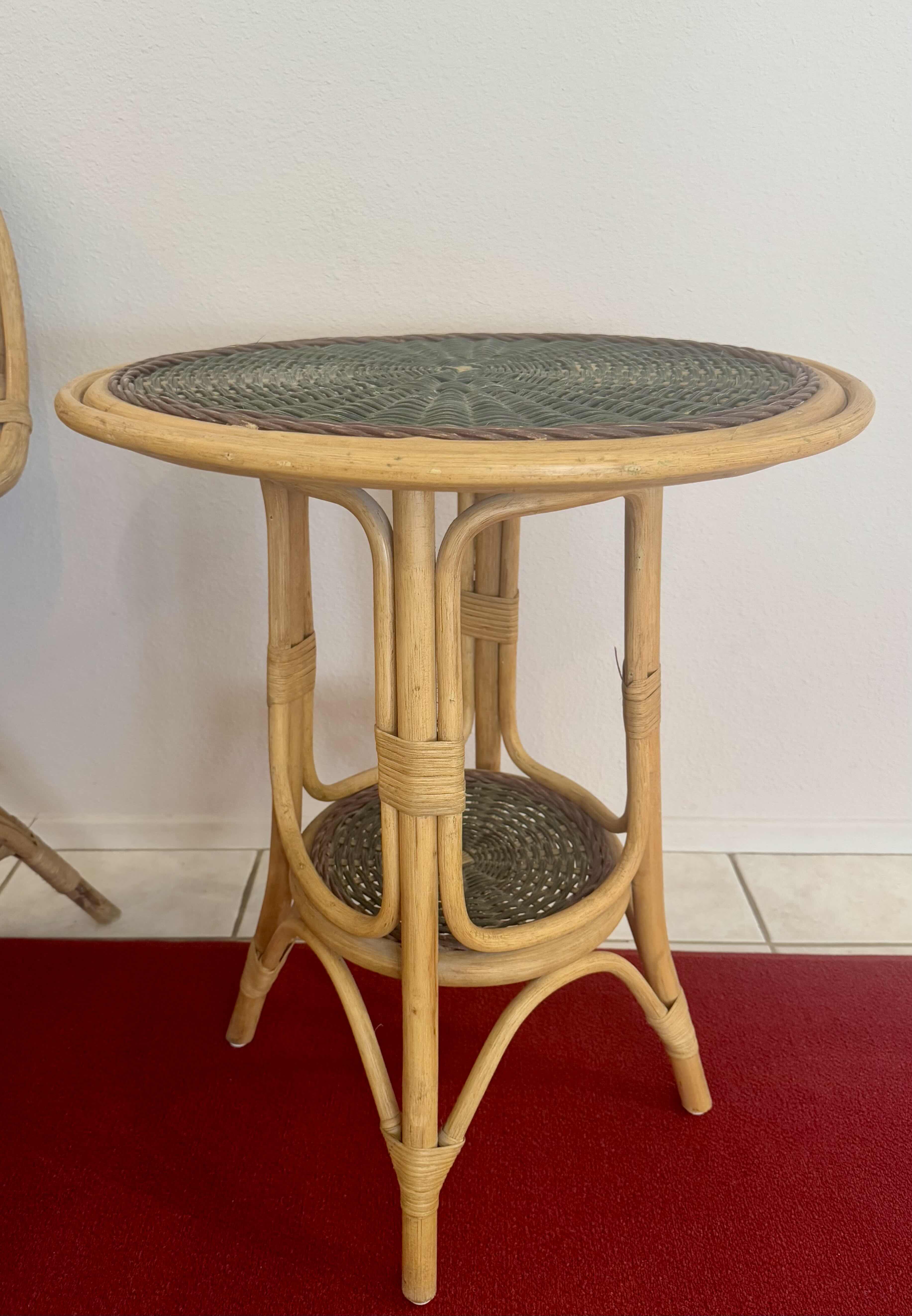 Photo 3 of VINTAGE WICKER RATTAN SET, GREEN AND NATURAL WOOD, WITH REMOVABLE FLORAL SEAT CUSHION AND PILLOW.