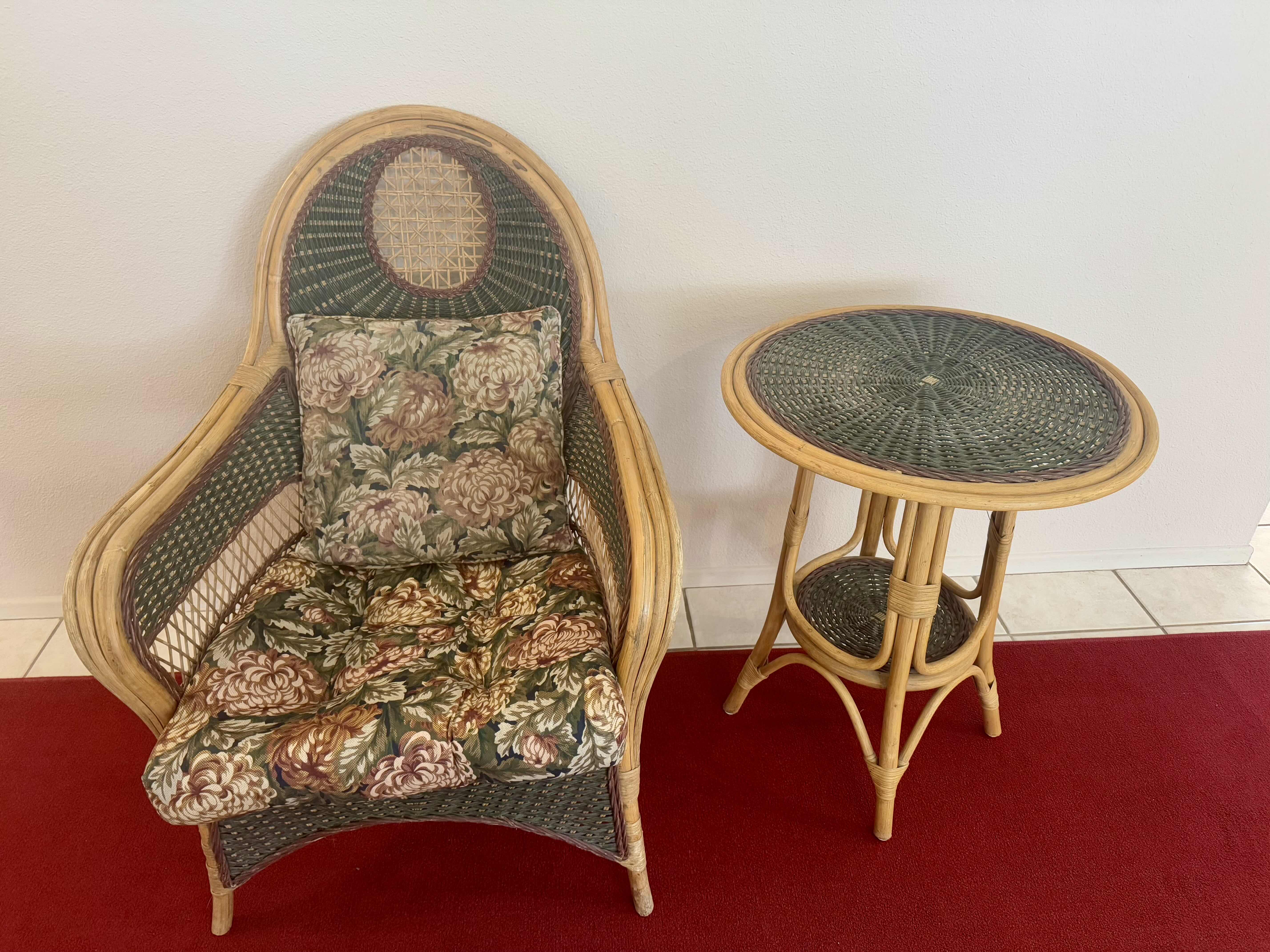 Photo 1 of VINTAGE WICKER RATTAN SET, GREEN AND NATURAL WOOD, WITH REMOVABLE FLORAL SEAT CUSHION AND PILLOW.