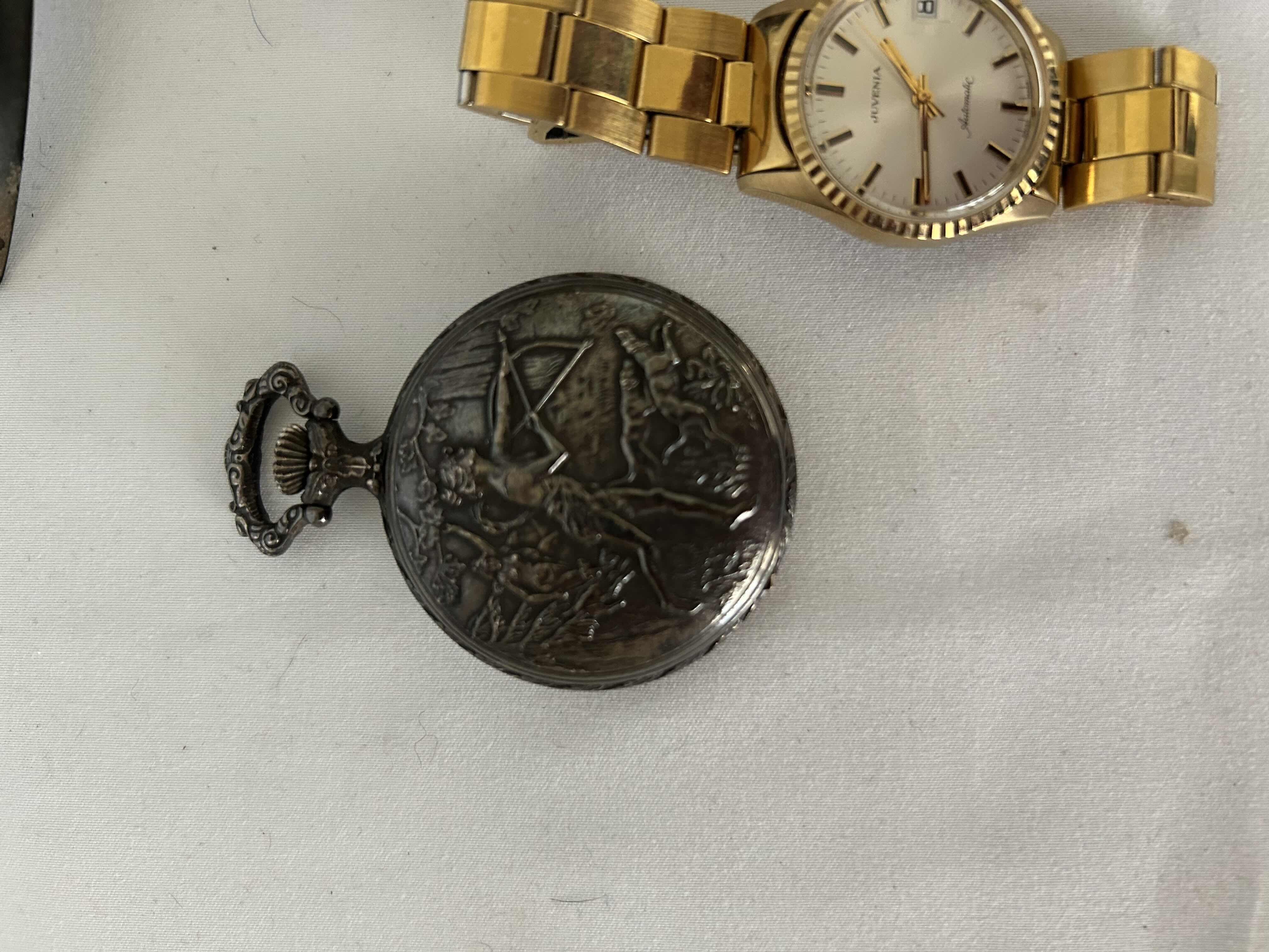 Photo 1 of BAG OF ASSORTED WATCHES, POCKET WATCH, VINTAGE TOBACCO PIPE, POCKET KNIFE, AND ONE 2" COLLECTORS KNIFE.