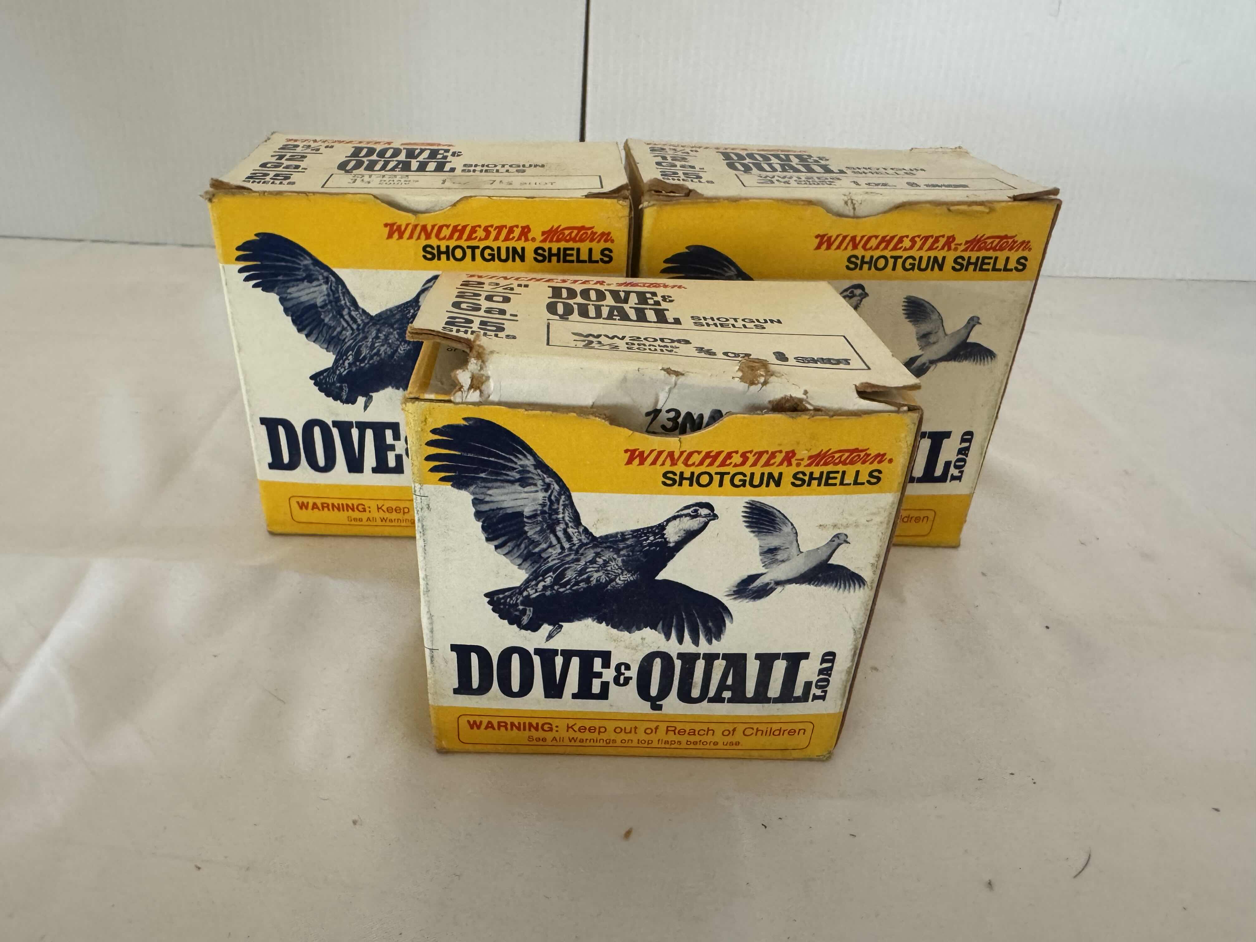 Photo 1 of 3 BOXES OF 25-DOVE AND QUAIL WINCHESTER-SHOTGUN SHELLS. 2 3/4" 12 GAUGE.
 SheLLS