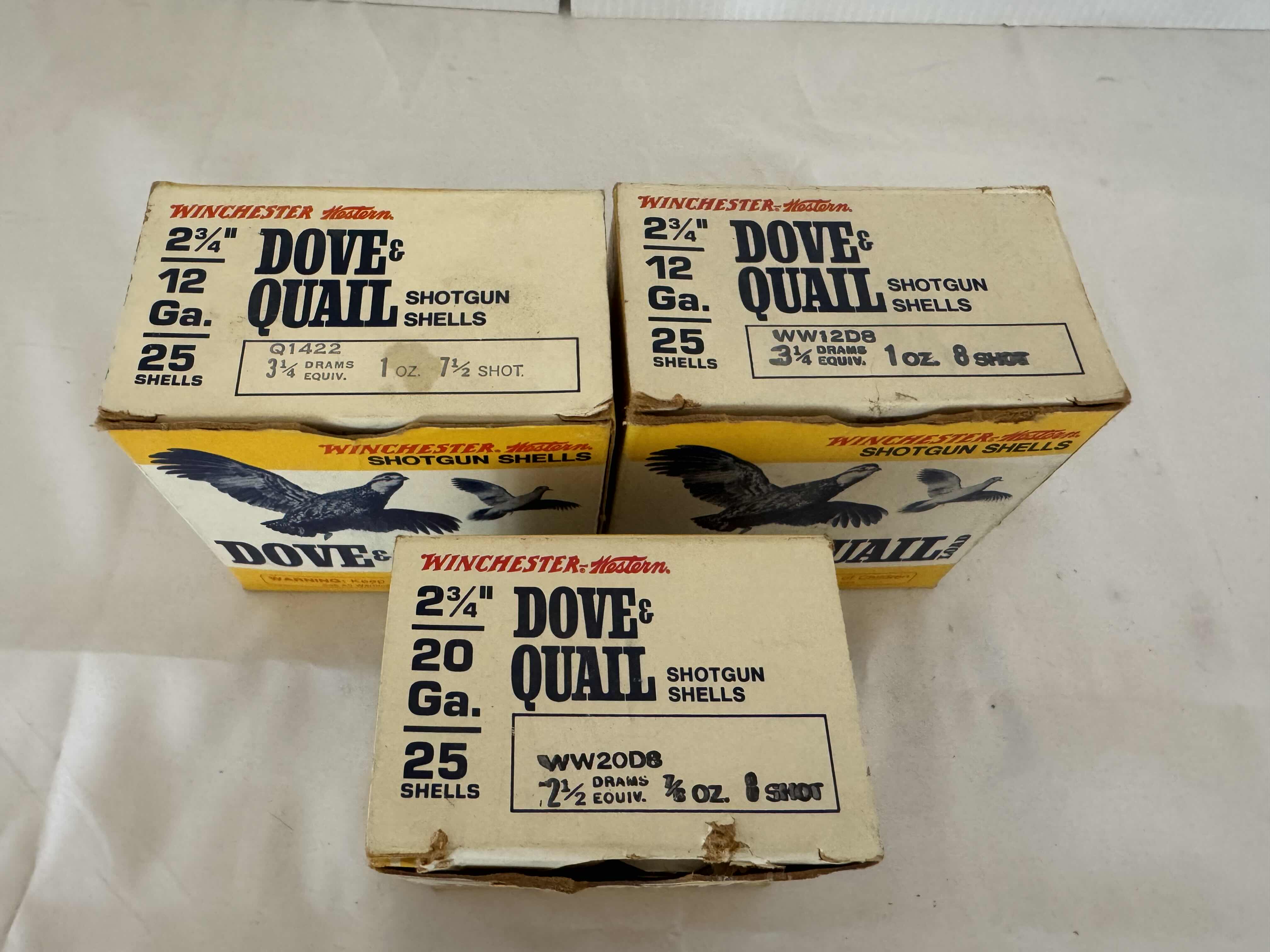 Photo 1 of 3 BOXES OF 25-DOVE AND QUAIL WINCHESTER-SHOTGUN SHELLS. 2 3/4" 12 GAUGE.
 SheLLS