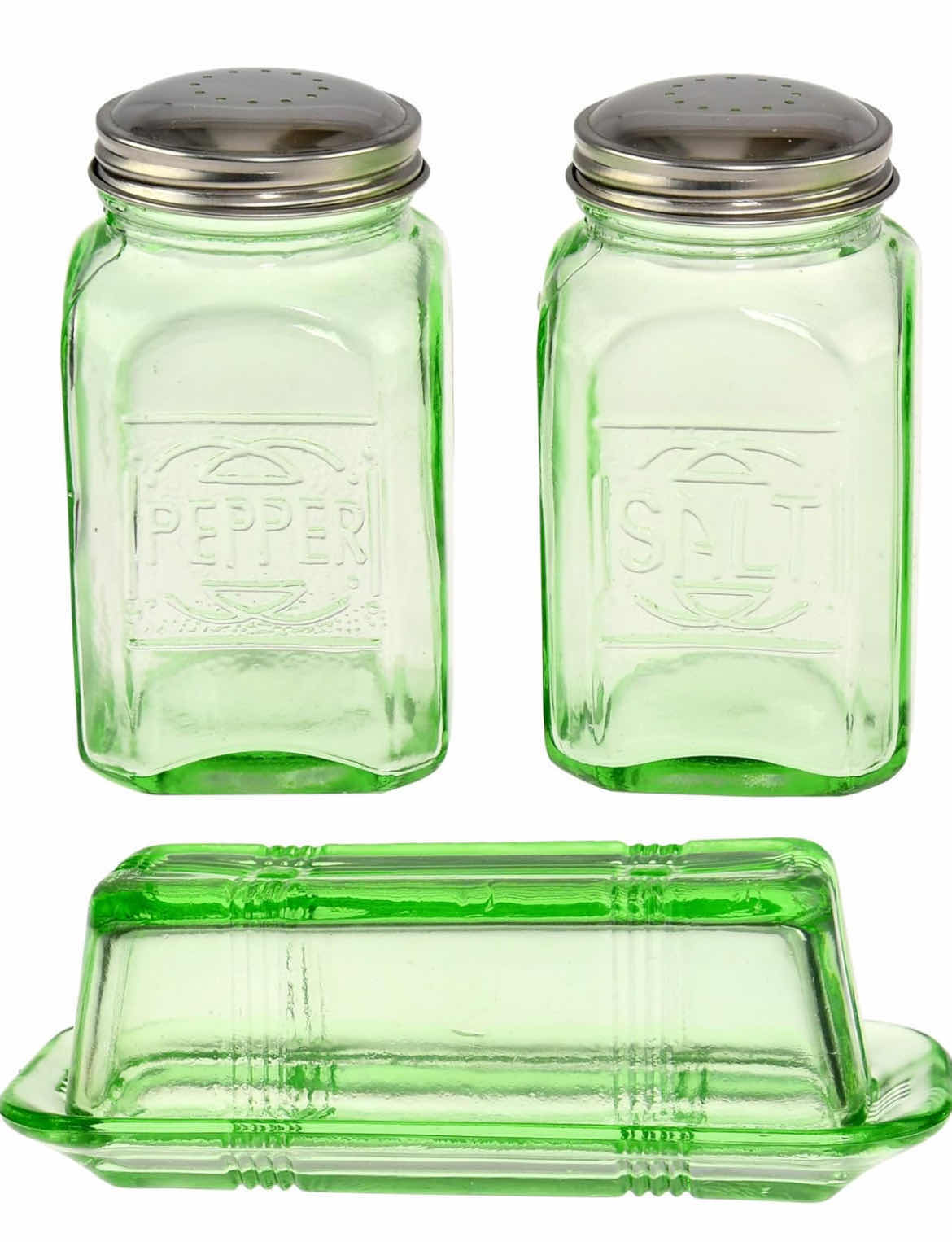 Photo 1 of BRAND NEW CASE HOME-X DEPRESSION STYLE BUTTER DISH & SALT & PEPPER SET, GREEN GLASS