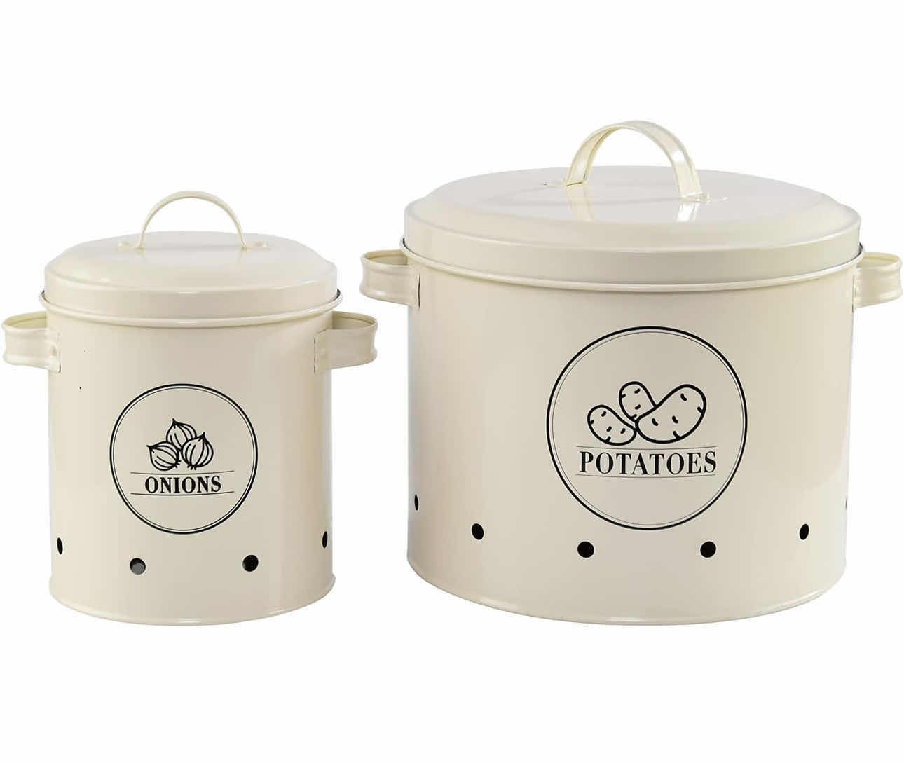 Photo 1 of BRAND NEW CASE OF HOME-X CANISTER SET FOR KITCHEN COUNTER, POTATO & ONION STORAGE CONTAINERS, SET OF 2 POTATO: 8 ½ " D x 7 ¾ " H, ONION: 5 ½ " D x 6 ¼ " H, SOFT WHITE