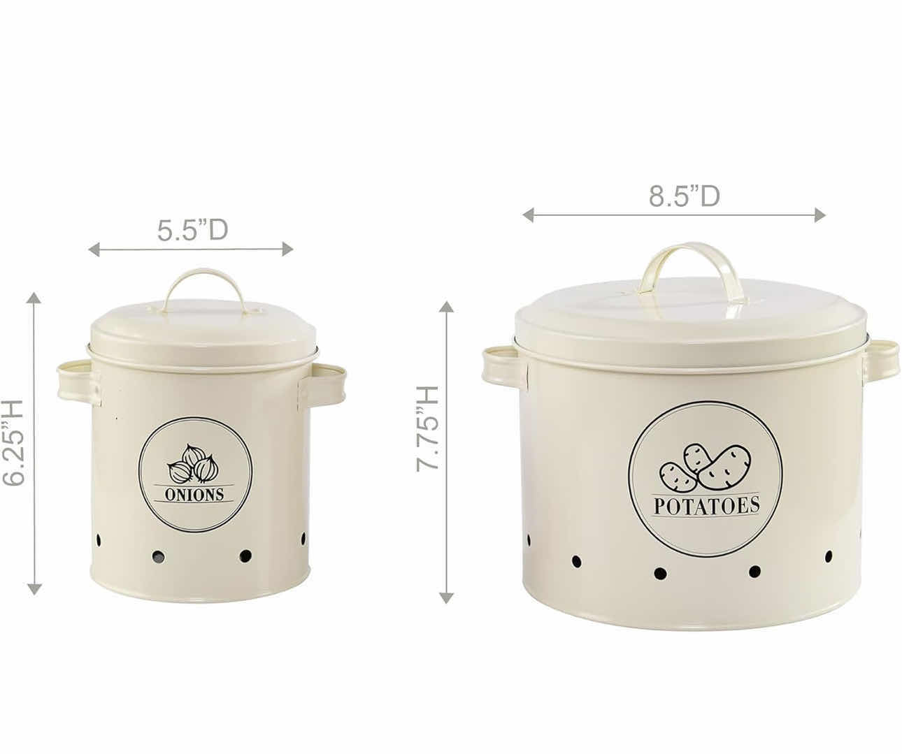 Photo 2 of BRAND NEW CASE OF HOME-X CANISTER SET FOR KITCHEN COUNTER, POTATO & ONION STORAGE CONTAINERS, SET OF 2 POTATO: 8 ½ " D x 7 ¾ " H, ONION: 5 ½ " D x 6 ¼ " H, SOFT WHITE