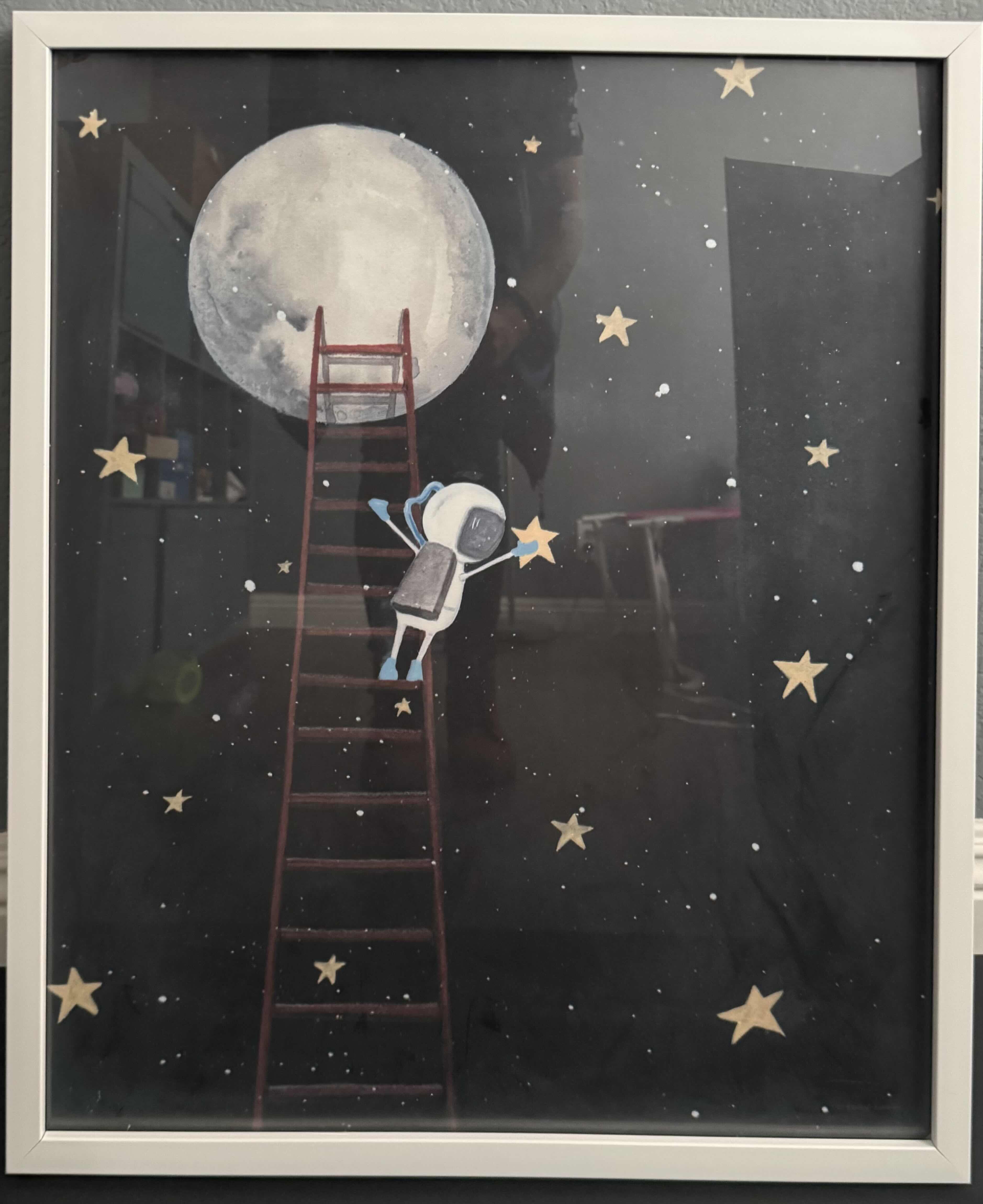 Photo 1 of WALL DECOR FRAME, ASTRONAUT HANGING STARS OUTER SPACE LADDER TO THE MOON
25”H X 21”W