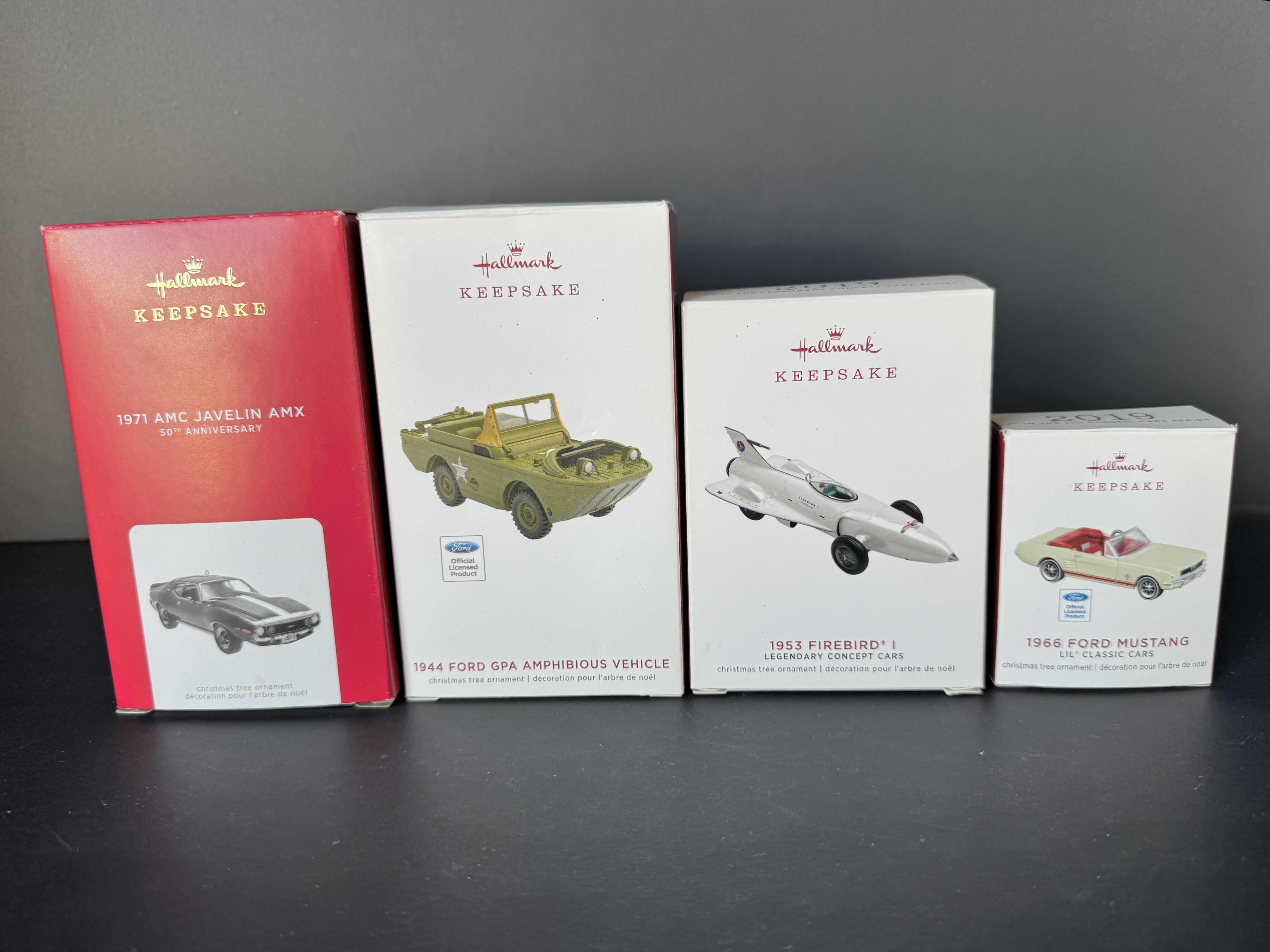 Photo 1 of 4- NEW IN BOX. ASSORTED HALLMARK CHRISTMAS TREE ORNAMENTS. VINTAGE CARS. COLLECTIBLES