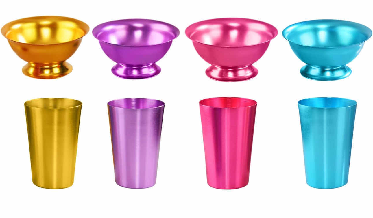 Photo 1 of BRAND NEW CASE OF HOME-X BRIGHTLY COLORED ALUMINUM BOWLS AND TUMBLERS SET OF 8, 4x METAL SERVING DISHES AND 4x OUNCE SHATTER RESISTANT DRINKING CUPS