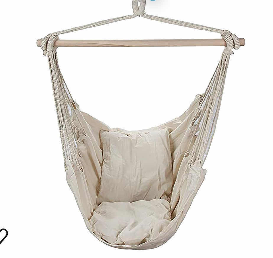 Photo 1 of 2- BRAND NEW-ARAD-HANGING HAMMOCK PATIO CHAIR. INDOOR/OUTDOOR PORCH SWING WITH 2 CUSHIONS. SEATS 1 PERSON. WHITE. (2CT)