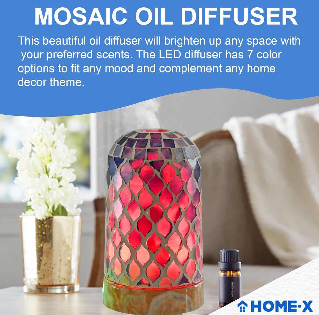 Photo 4 of BRAND NEW CASE OF HOME-X MOSAIC ARABESQUE OIL DIFFUSER, VERTICAL ULTRASONIC ESSENTIAL OIL DIFFUSER , COLOR -CHANGING DIFFUSER , TILE COVER, 2 MIST MODES & AUTO SHUTOFF, 3 ½ " L x 3 ½ " w x 6 ¼ " H