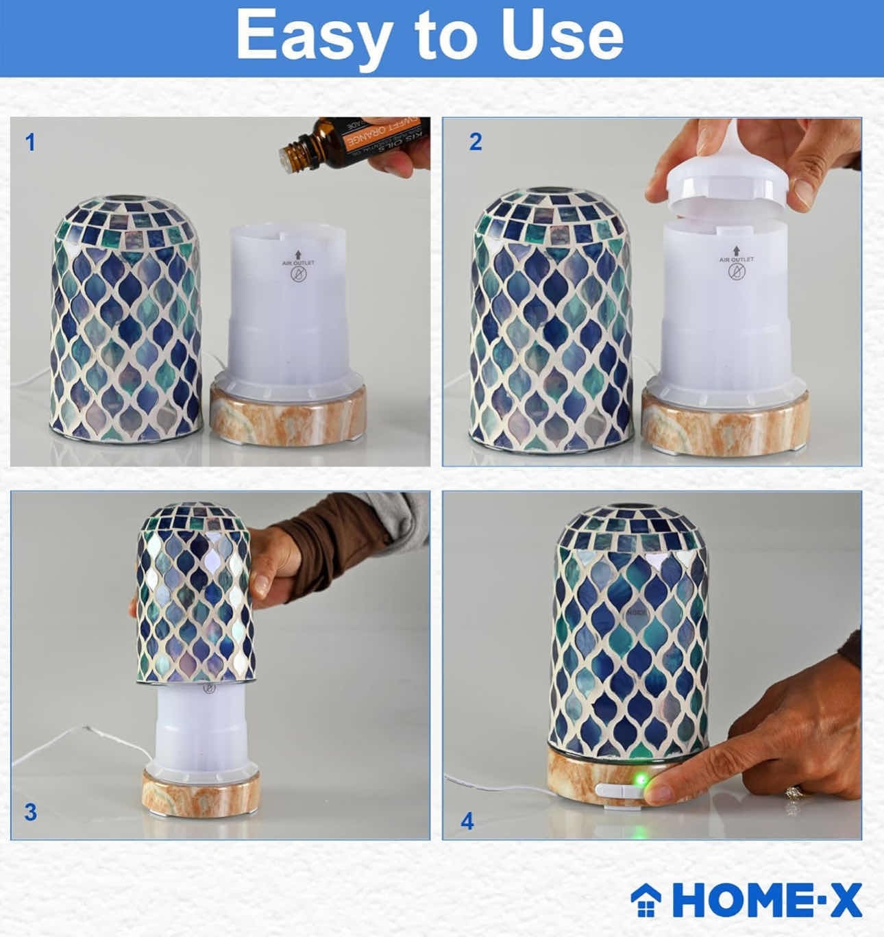 Photo 3 of BRAND NEW CASE OF HOME-X MOSAIC ARABESQUE OIL DIFFUSER, VERTICAL ULTRASONIC ESSENTIAL OIL DIFFUSER , COLOR -CHANGING DIFFUSER , TILE COVER, 2 MIST MODES & AUTO SHUTOFF, 3 ½ " L x 3 ½ " w x 6 ¼ " H