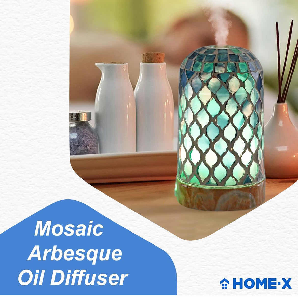 Photo 2 of CASE OF 12 MOSAIC ARABESQUE OIL DIFFUSER, VERTICAL ULTRASONIC ESSENTIAL OIL DIFFUSER, COLOR-CHANGING DIFFUSER, TILE COVER, 2 MIST MODES AND AUTO SHUTOFF, 3 ½ " L X 3 ½ " W X 6 ¼ " H