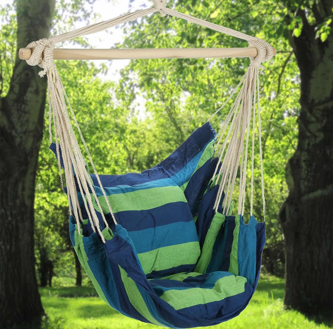 Photo 3 of ARAD BLUE & GREEN HANGING ROPE HAMMOCK CHAIR SWING SEAT FOR ANY INDOOR OR OUTDOOR SPACES- MAX. 265 LBS. -2 SEAT CUSHIONS INCLUDED 