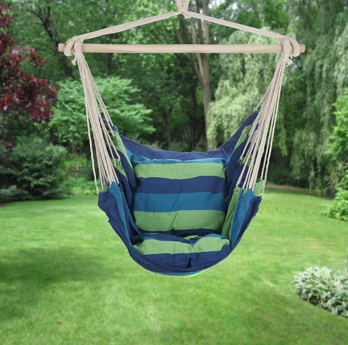 Photo 2 of ARAD BLUE & GREEN HANGING ROPE HAMMOCK CHAIR SWING SEAT FOR ANY INDOOR OR OUTDOOR SPACES- MAX. 265 LBS. -2 SEAT CUSHIONS INCLUDED 