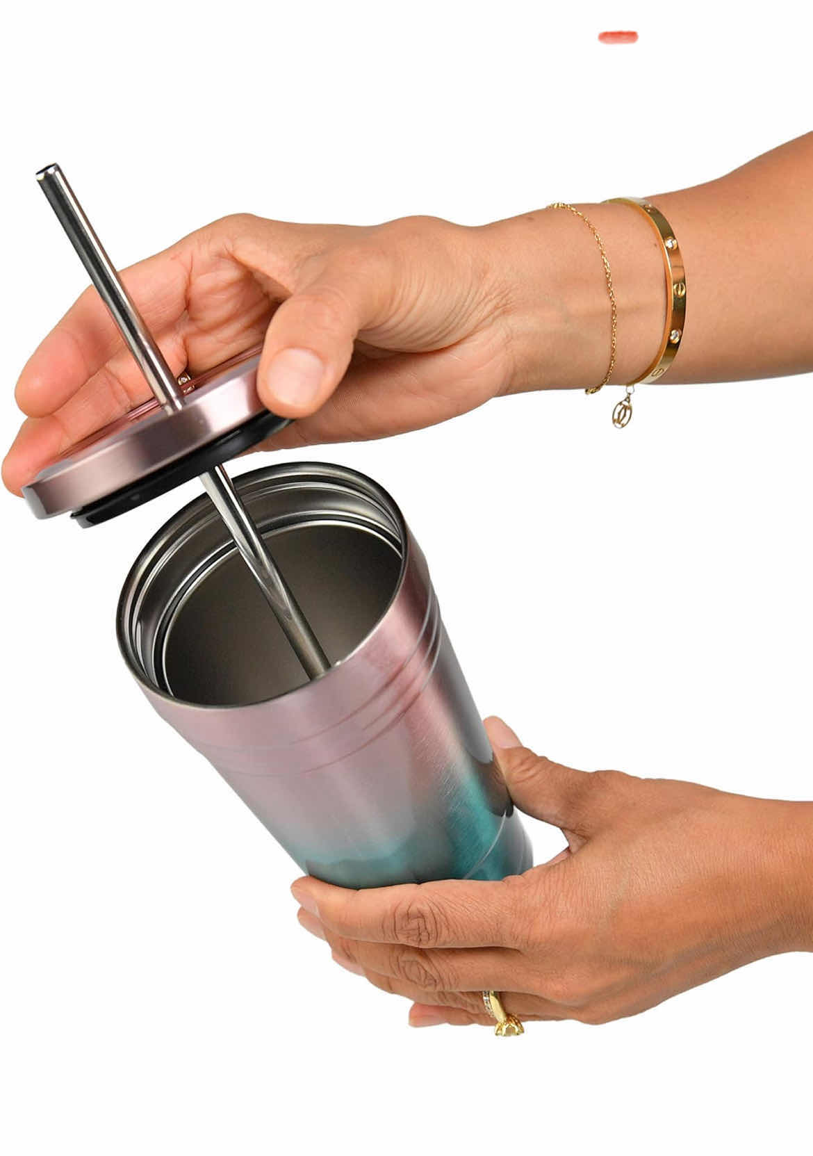 Photo 3 of CASE OF 25 STAINLESS STEEL VACUUM-INSULATED OMBRE PINK/BLUE TUMBLER WITH LID AND METAL STRAW 