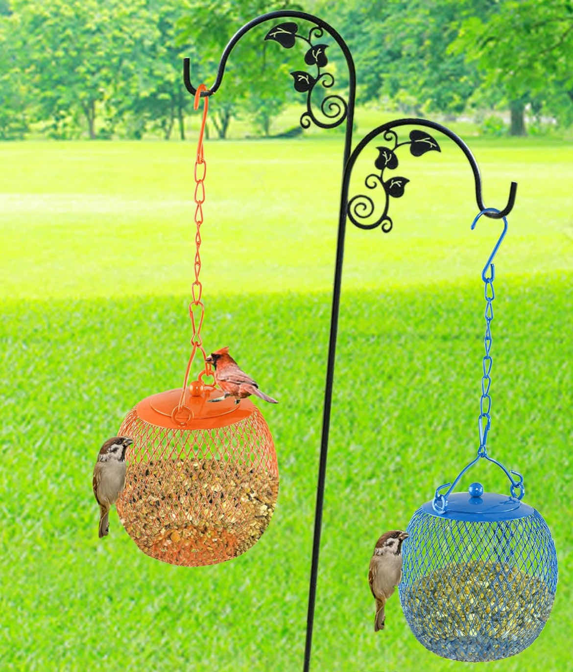 Photo 2 of SET OF 2 BIRD FEEDER BALL FOR BIRD SEED, IRON MESH OUTDOOR BIRD FEEDERS, HANGING FEEDERS FOR OUTDOOR BIRDS, SET OF 2, EACH 4 ¾ " D X 4" H, ORANGE/BLUE