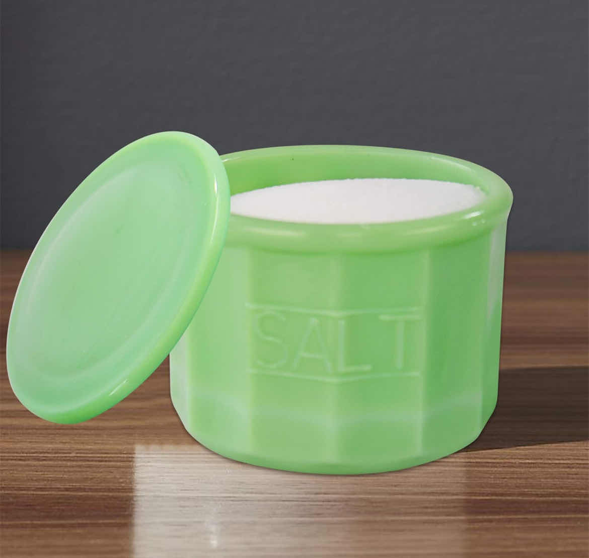 Photo 1 of DEPRESSION STYLE JADE GLASS SALT CELLAR WITH LID, RETRO KITCHEN DECOR, WEDDING GIFT - 3 1/2" H X 4" D