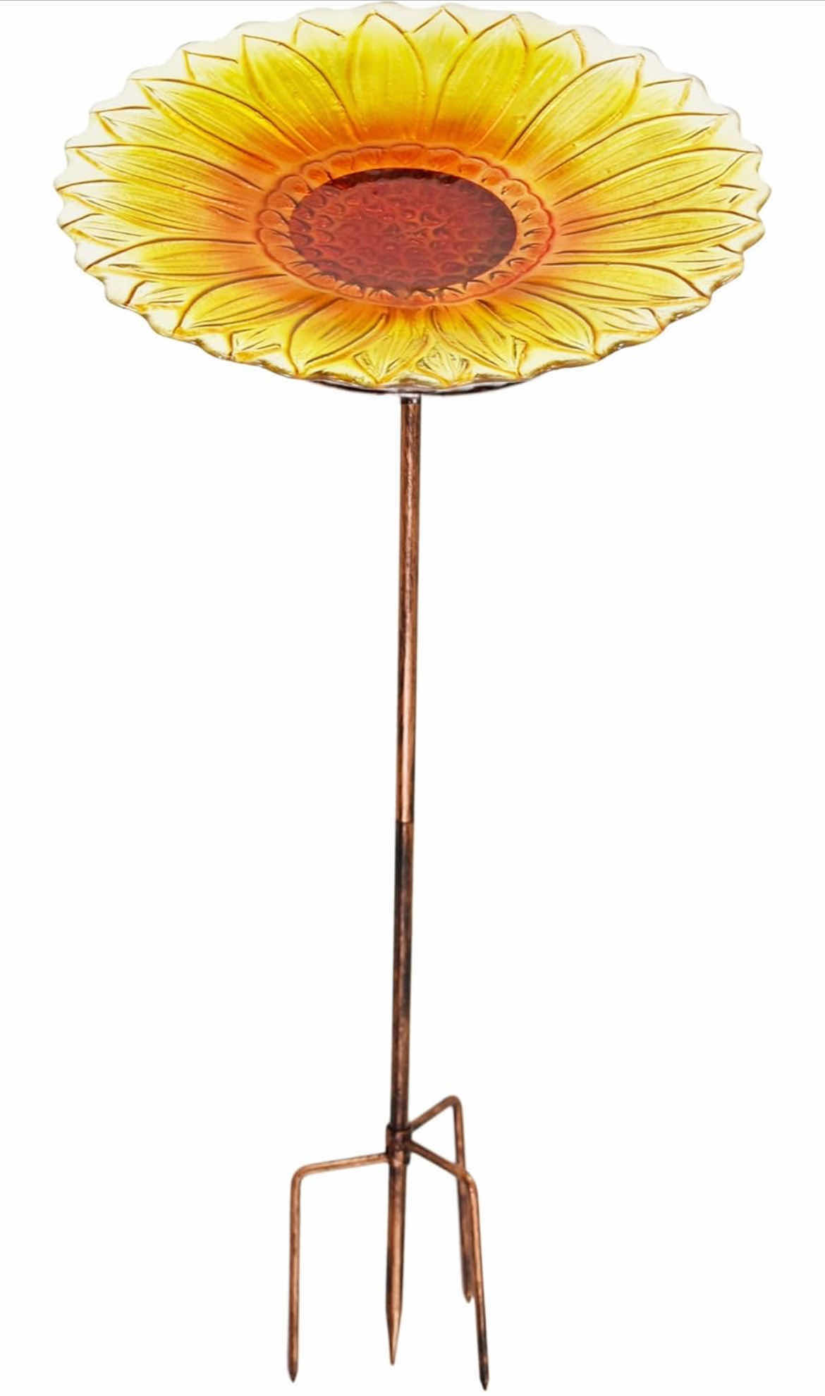 Photo 1 of GLASS SUNFLOWER BIRDBATH WITH STAKE, BIRDBATH FOR OUTDOORS, STANDING BIRD FEEDER OR GLASS BIRDBATH WITH OUTDOOR STAKE, BIRD FEEDER STAND, 26" L X 8 ½ " D, YELLOW