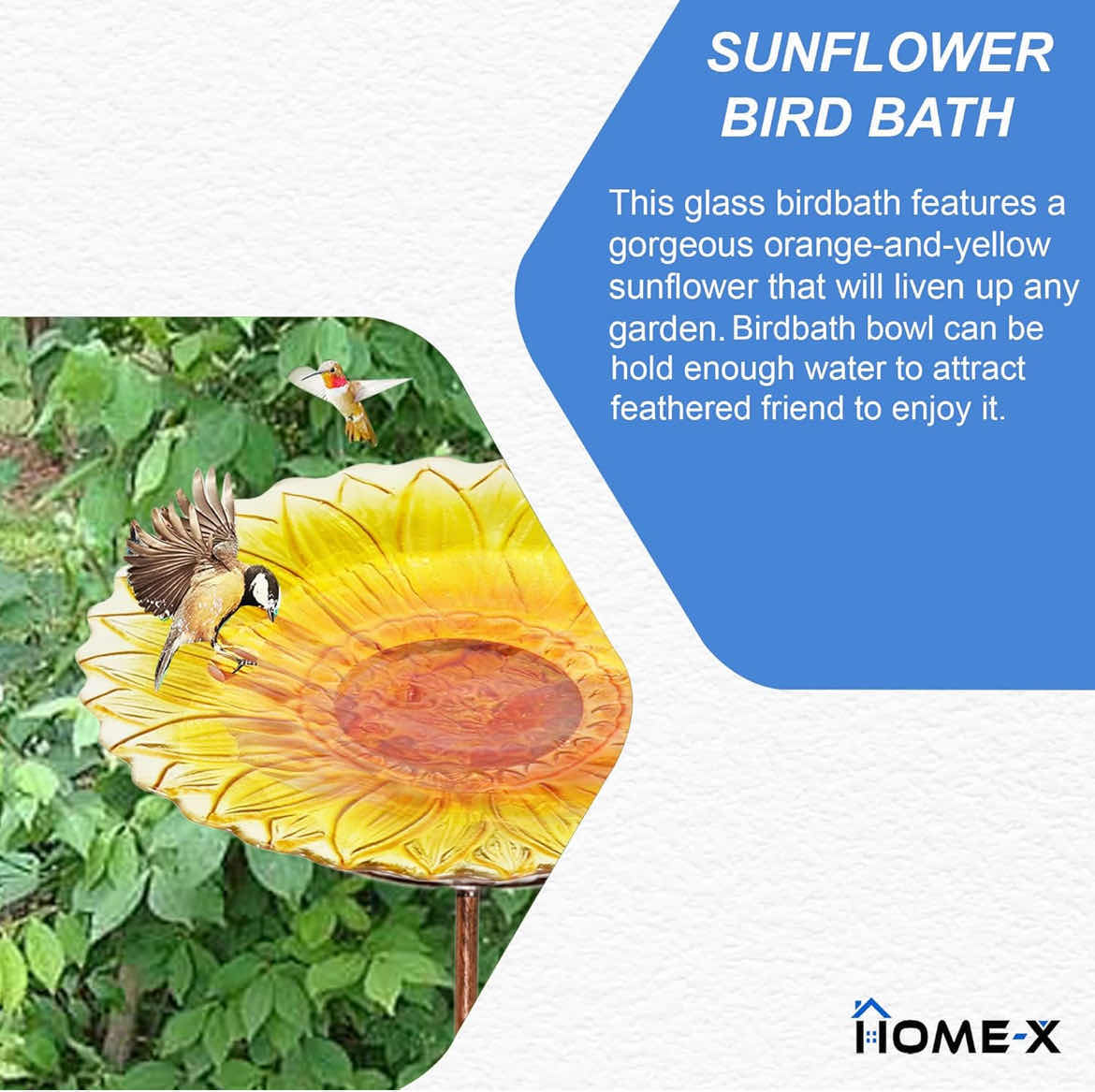 Photo 2 of GLASS SUNFLOWER BIRDBATH WITH STAKE, BIRDBATH FOR OUTDOORS, STANDING BIRD FEEDER OR GLASS BIRDBATH WITH OUTDOOR STAKE, BIRD FEEDER STAND, 26" L X 8 ½ " D, YELLOW