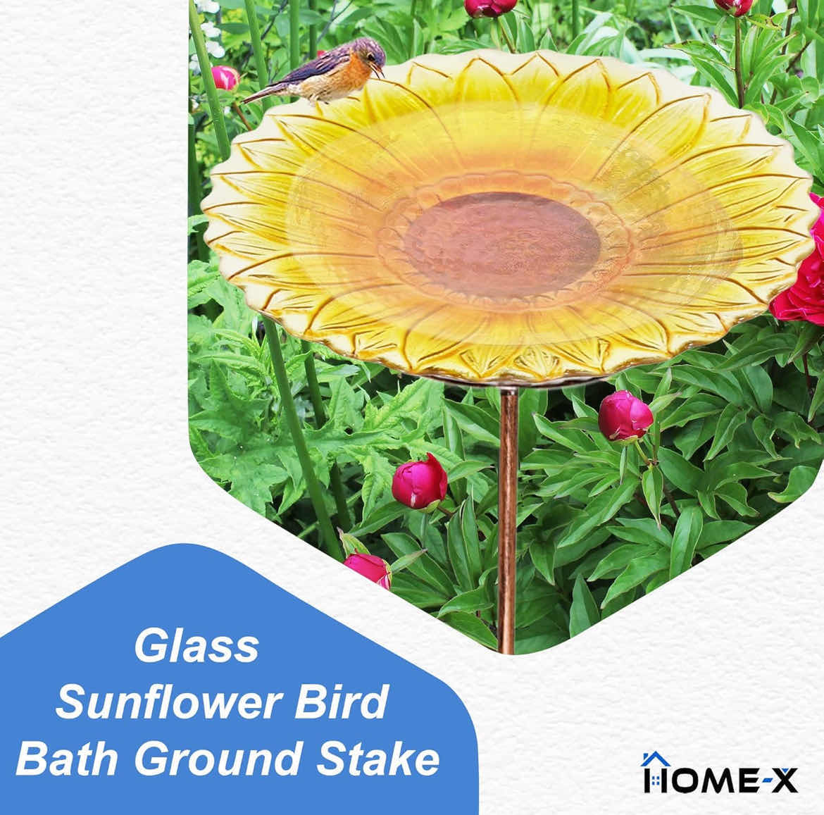 Photo 3 of GLASS SUNFLOWER BIRDBATH WITH STAKE, BIRDBATH FOR OUTDOORS, STANDING BIRD FEEDER OR GLASS BIRDBATH WITH OUTDOOR STAKE, BIRD FEEDER STAND, 26" L X 8 ½ " D, YELLOW