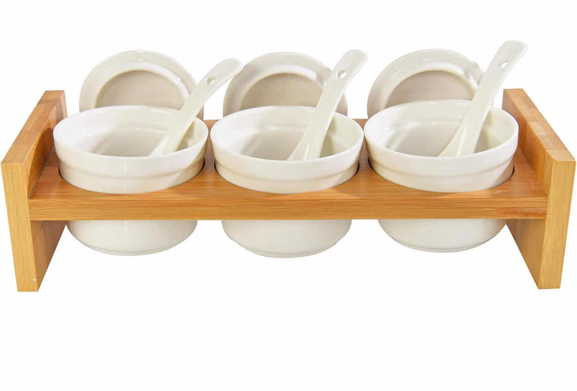 Photo 1 of BAMBOO AND CERAMIC CONDIMENT TRAY - IDEAL SERVING DISH FOR HOSTING ENTERTAINING, PARTY ESSENTIAL, TACO BAR, INCLUDES DIP BOWLS, SPOONS, LIDS AND SERVING PLATTER, SALSA, CHIPS, VEGGIES, FRUITS