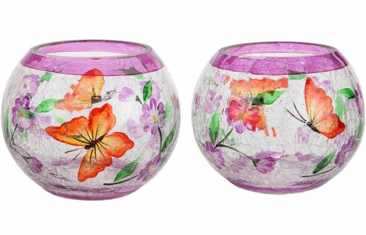 Photo 2 of CASE OF 24 HOME-X HAND PAINTED BLOSSOMS & BUTTERFLIES CANDLEHOLDERS CRACKLE GLASS CANDLE HOLDER DESIGN IS ELEGANT SETS OF 2.