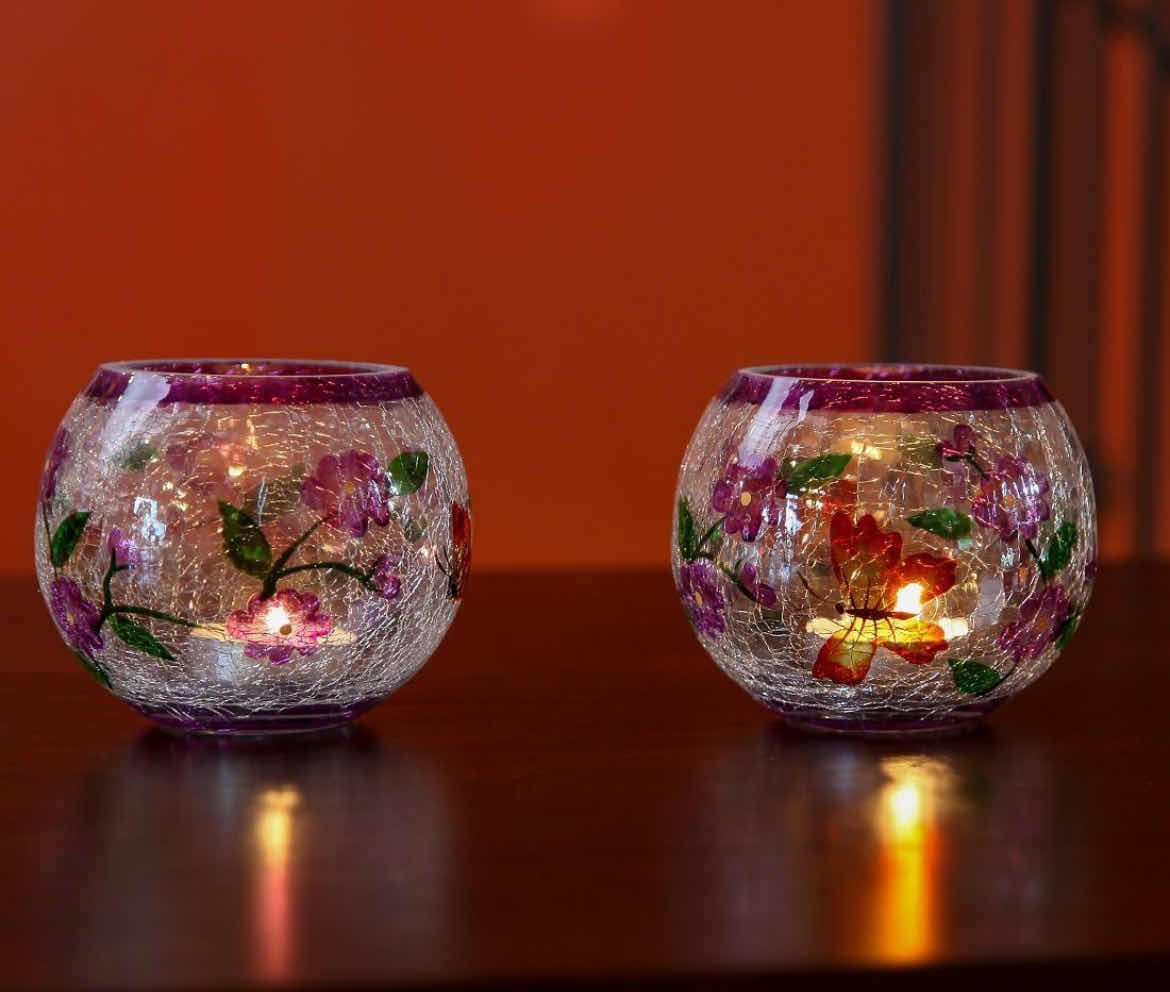 Photo 1 of CASE OF 24 HOME-X HAND PAINTED BLOSSOMS & BUTTERFLIES CANDLEHOLDERS CRACKLE GLASS CANDLE HOLDER DESIGN IS ELEGANT SETS OF 2.