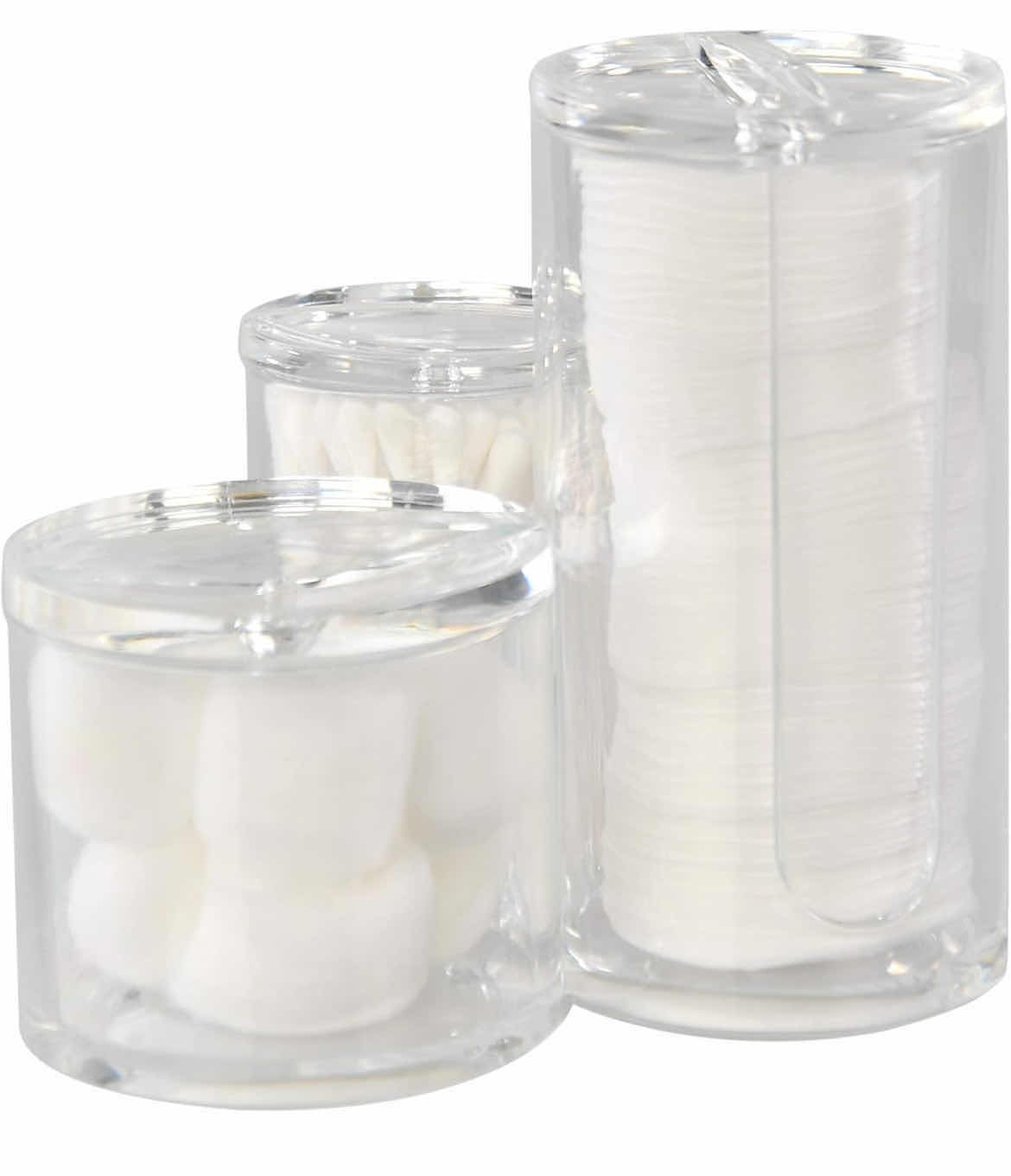 Photo 1 of CASE OF 24 HOME-X BATHROOM ORGANIZER JARS 3 IN 1 ACRYLIC STORAGE CONTAINERS WITH LIDS VANITY DECOR COTTON ROUNDS AND SWABS ORGANIZER 5 ½” H x 2 ¾” D, 3" H x 3" D, 3 ¾” H x 2 ¼” D