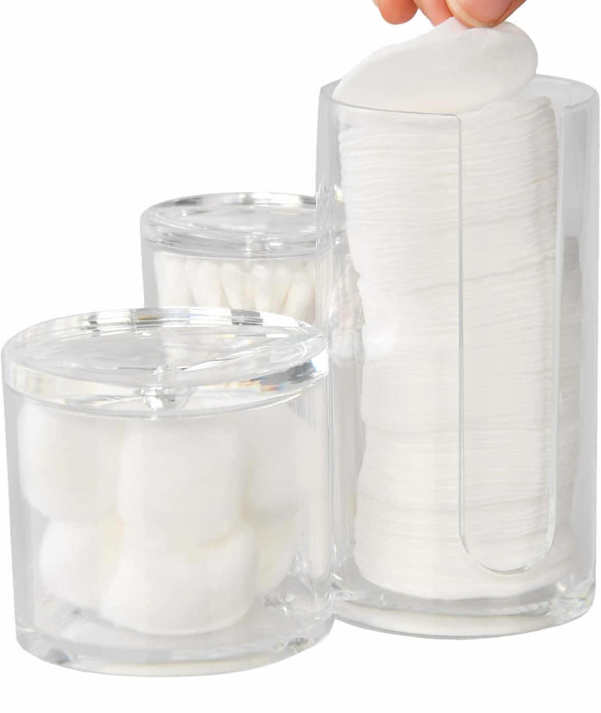 Photo 2 of CASE OF 24 HOME-X BATHROOM ORGANIZER JARS 3 IN 1 ACRYLIC STORAGE CONTAINERS WITH LIDS VANITY DECOR COTTON ROUNDS AND SWABS ORGANIZER 5 ½” H x 2 ¾” D, 3" H x 3" D, 3 ¾” H x 2 ¼” D