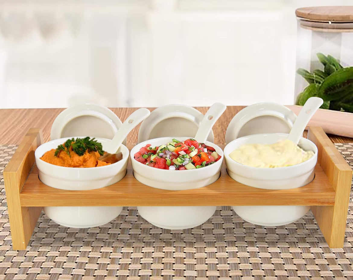 Photo 1 of CASE OF 4 BAMBOO AND CERAMIC CONDIMENT TRAY - IDEAL SERVING DISH FOR HOSTING ENTERTAINING, PARTY ESSENTIAL, TACO BAR, INCLUDES DIP BOWLS, SPOONS, LIDS AND SERVING PLATTER, SALSA, CHIPS, VEGGIES, FRUITS