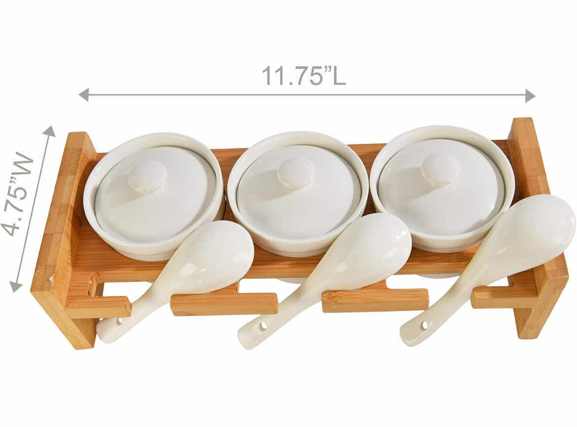 Photo 1 of CASE OF 4 BAMBOO AND CERAMIC CONDIMENT TRAY - IDEAL SERVING DISH FOR HOSTING ENTERTAINING, PARTY ESSENTIAL, TACO BAR, INCLUDES DIP BOWLS, SPOONS, LIDS AND SERVING PLATTER, SALSA, CHIPS, VEGGIES, FRUITS