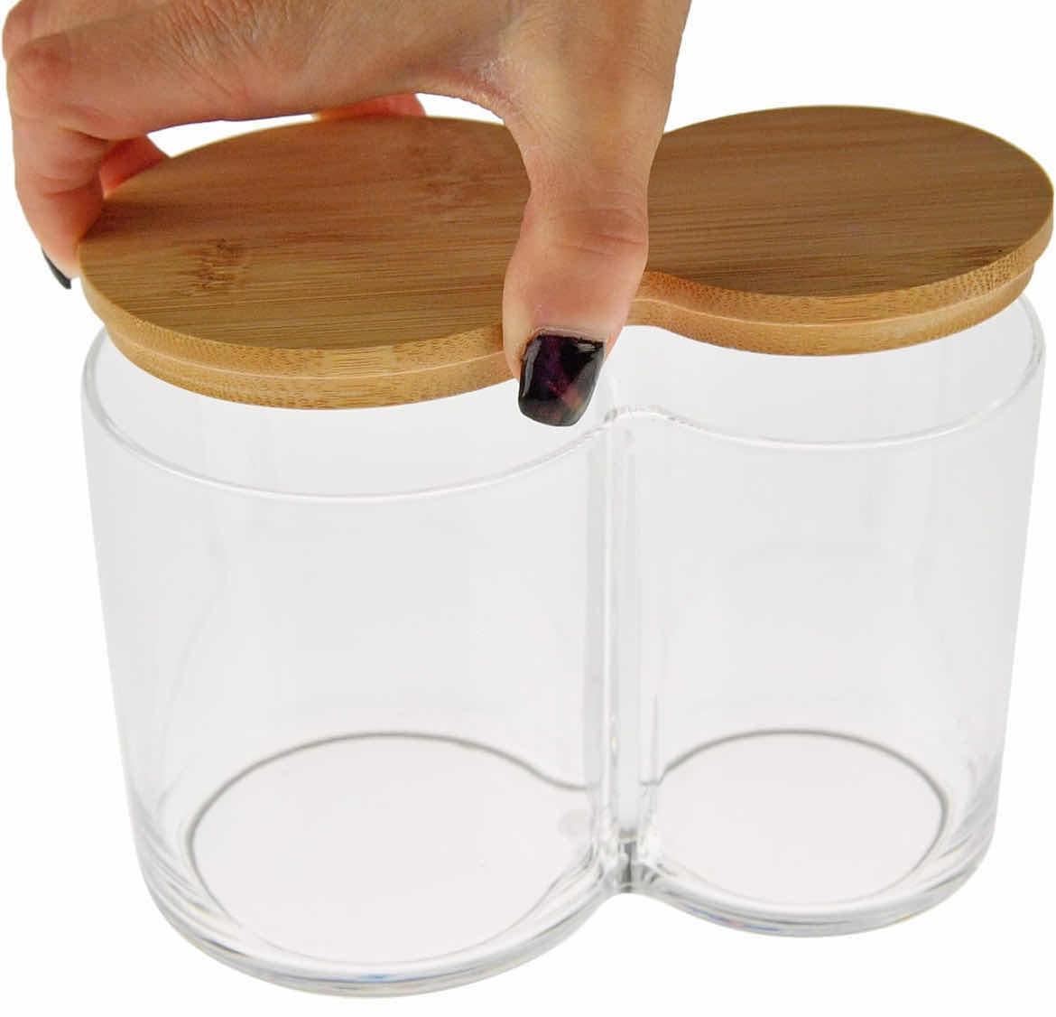 Photo 3 of CASE OF 24 ARAD COTTON BALL SWAB QTIP STORAGE SET 1PC 2 COMPARTMENT CLEAR ACRYLIC JAR CONTAINER WITH BAMBOO LID 6" L x 3.5" W x 4.5" H