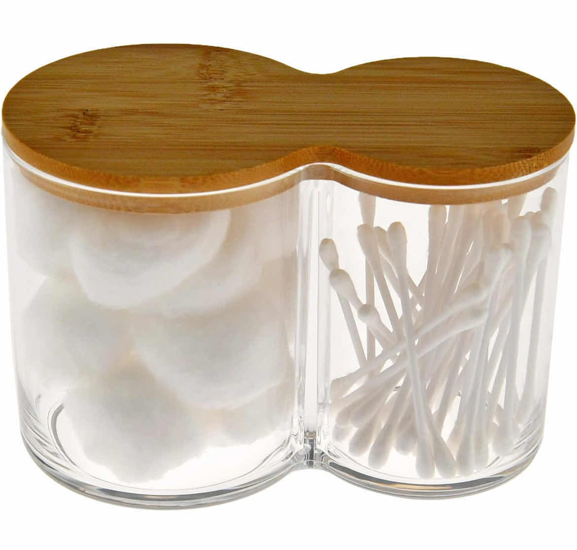 Photo 1 of CASE OF 24 ARAD COTTON BALL SWAB QTIP STORAGE SET 1PC 2 COMPARTMENT CLEAR ACRYLIC JAR CONTAINER WITH BAMBOO LID 6" L x 3.5" W x 4.5" H