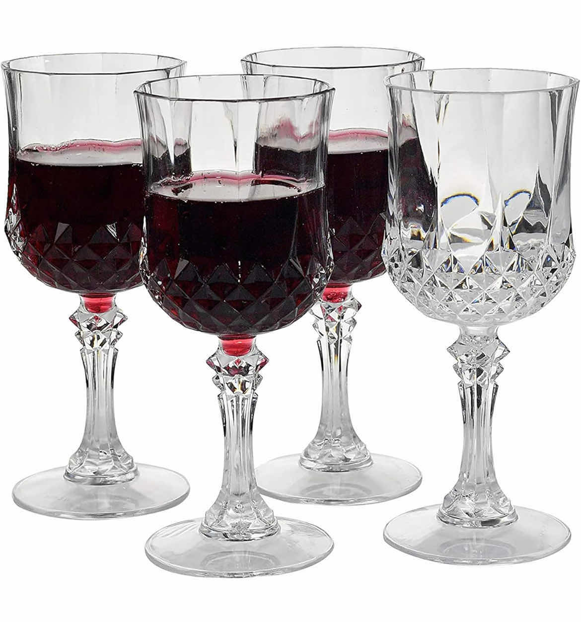 Photo 1 of CASE OF 24 SETS OF 4 HOME-X PLASTIC GOBLETS 4PCS TRANSPARENT REUSABLE ACRYLIC WINE GLASSES WITH STEMS ELEGANT & UNBREAKABLE WINE GLASSES FOR CHAMPAGNE PARTIES WEDDINGS OUTDOOR BBQ PICNICS