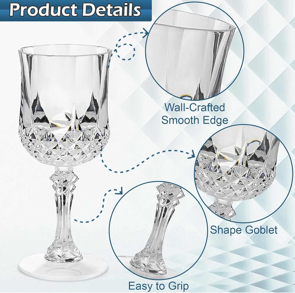 Photo 3 of CASE OF 24 SETS OF 4 HOME-X PLASTIC GOBLETS 4PCS TRANSPARENT REUSABLE ACRYLIC WINE GLASSES WITH STEMS ELEGANT & UNBREAKABLE WINE GLASSES FOR CHAMPAGNE PARTIES WEDDINGS OUTDOOR BBQ PICNICS