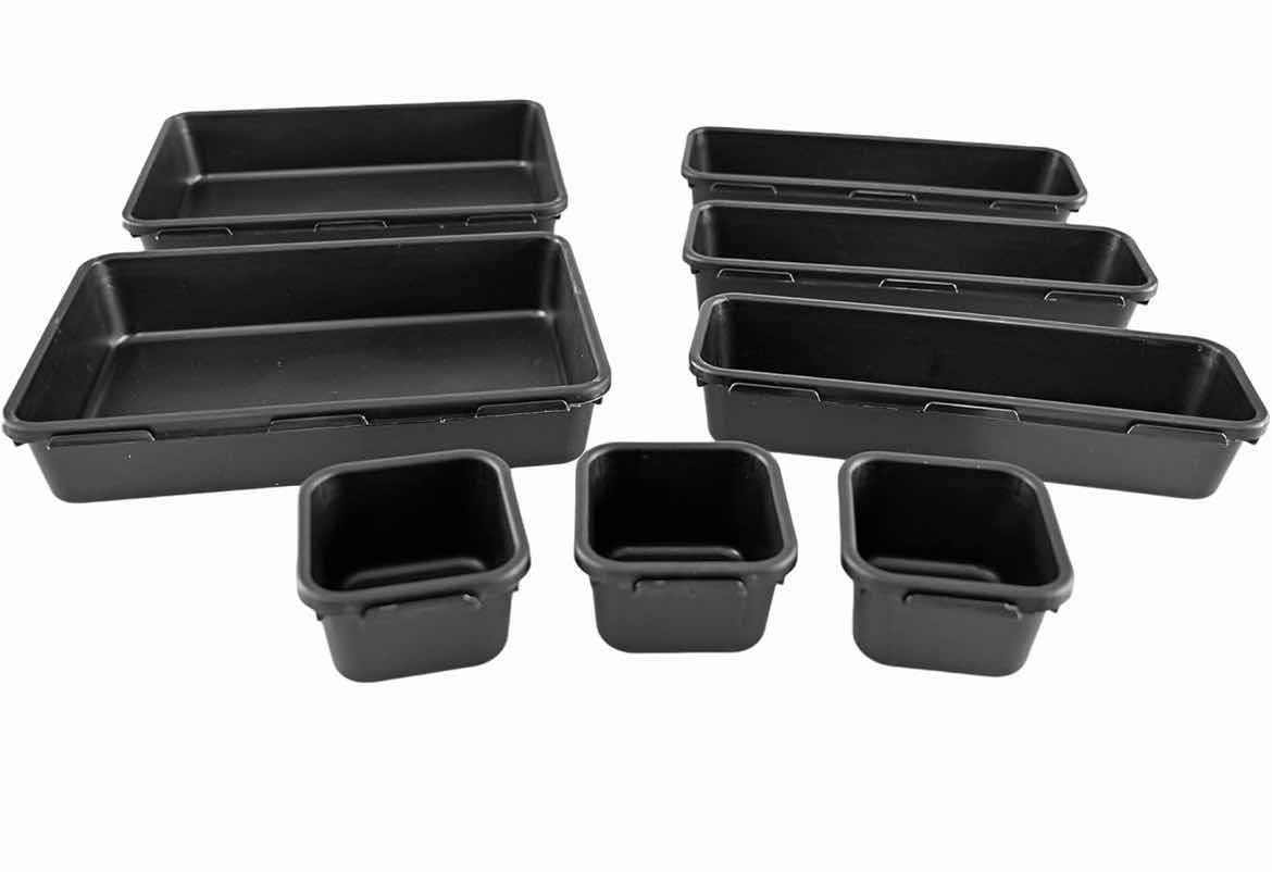 Photo 1 of CASE OF 12 HOME-X CONNECTING ORGANIZER TRAYS INTERLOCKING ADJUSTABLE TRAYS FOR OFFICE SUPPLIES KITCHEN UTENSIL DRAWERS SET OF 8, 3 SIZES BLACK