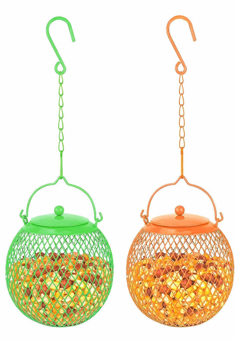 Photo 1 of CASE OF 16 SET OF 2 BIRD FEEDER BALL FOR BIRD SEED, IRON MESH OUTDOOR BIRD FEEDERS, HANGING FEEDERS FOR OUTDOOR BIRDS, SET OF 2, EACH 4 ¾ " D X 4" H, ORANGE/GREEN