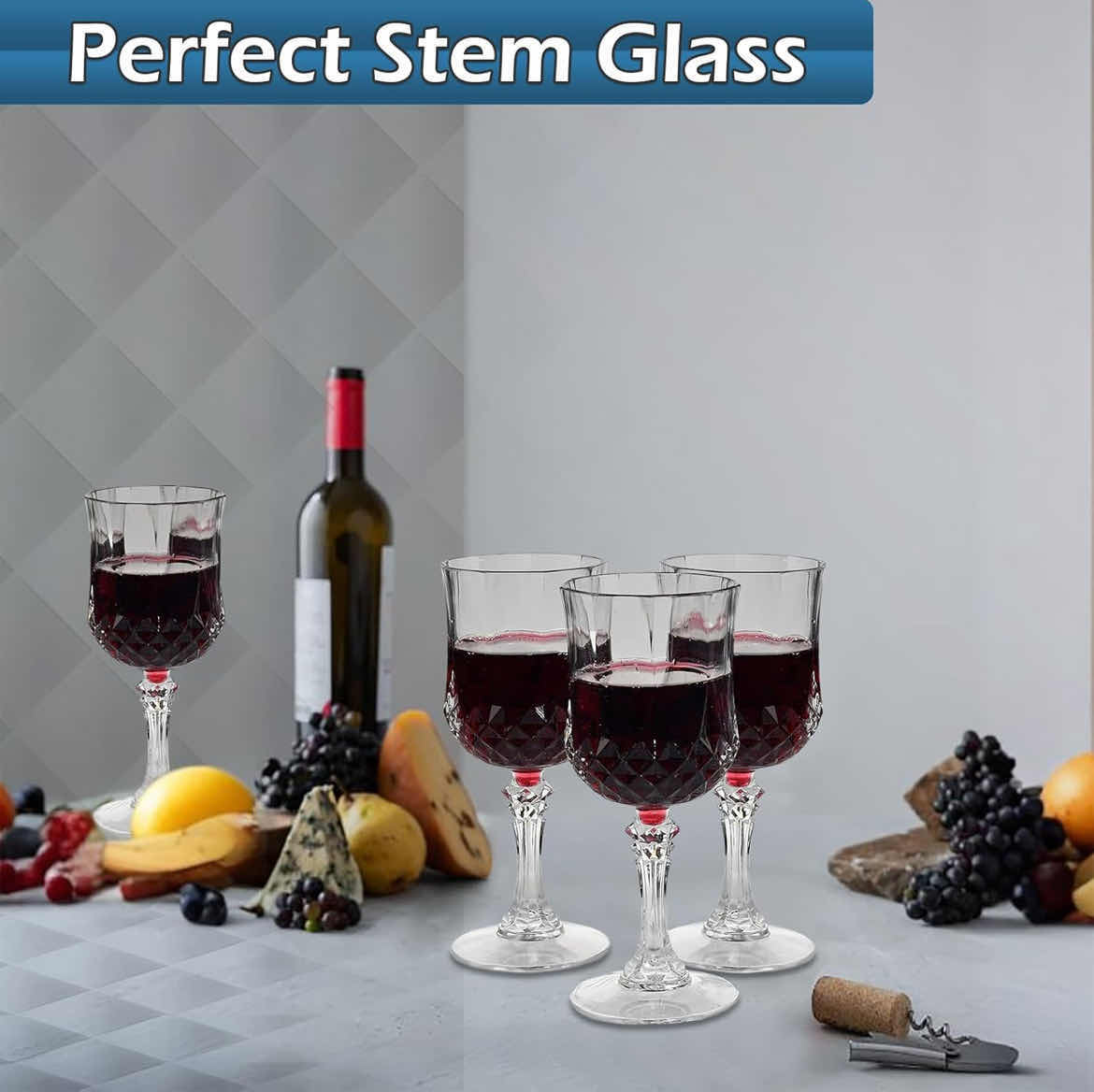 Photo 1 of CASE OF 24 SETS OF 4 HOME-X PLASTIC GOBLETS 4PCS TRANSPARENT REUSABLE ACRYLIC WINE GLASSES WITH STEMS ELEGANT & UNBREAKABLE WINE GLASSES FOR CHAMPAGNE PARTIES WEDDINGS OUTDOOR BBQ PICNICS