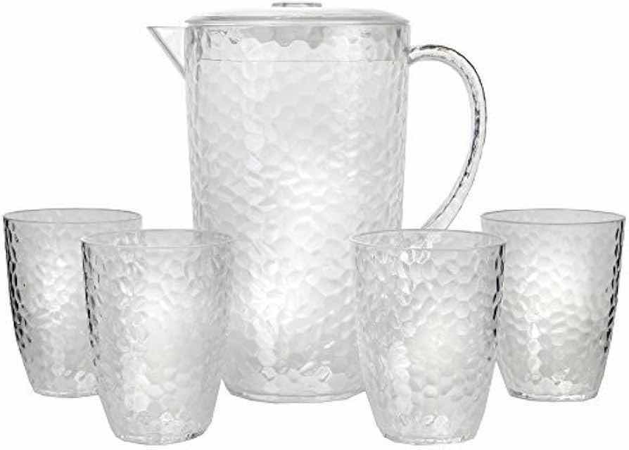 Photo 2 of CASE OF 12 HOME-X PLASTIC HAMMERED DESIGN 64OZ PITCHER WITH 4 MATCHING TUMBLERS KITCHENWARE PARTIES BARBECUES BBQ CELEBRATIONS (CLEAR)