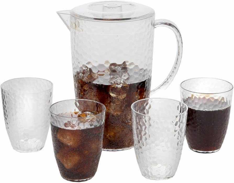 Photo 1 of CASE OF 12 HOME-X PLASTIC HAMMERED DESIGN 64OZ PITCHER WITH 4 MATCHING TUMBLERS KITCHENWARE PARTIES BARBECUES BBQ CELEBRATIONS (CLEAR)