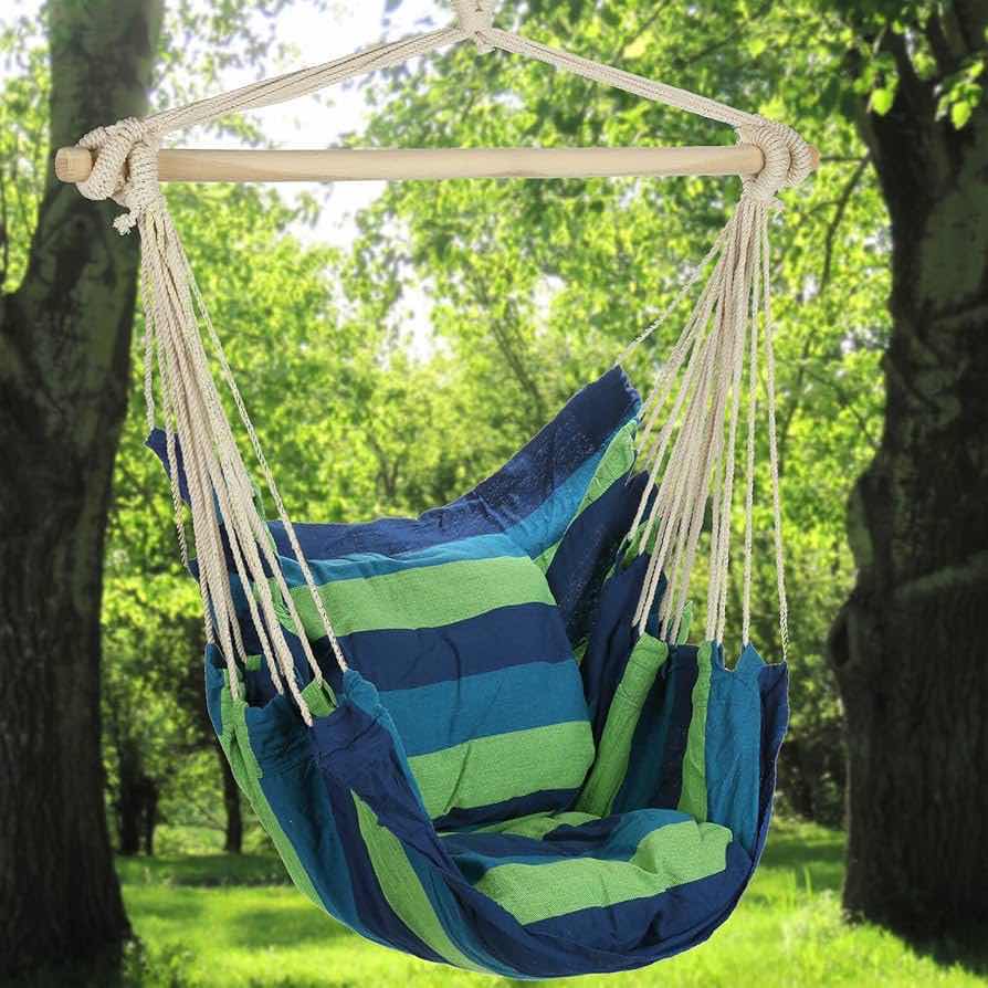 Photo 2 of NEW ARAD INDOOR/OUTDOOR THINK CANVAS HANGING HAMMOCK W 2 CUSHIONS (BLUE & GREEN STRIPED)