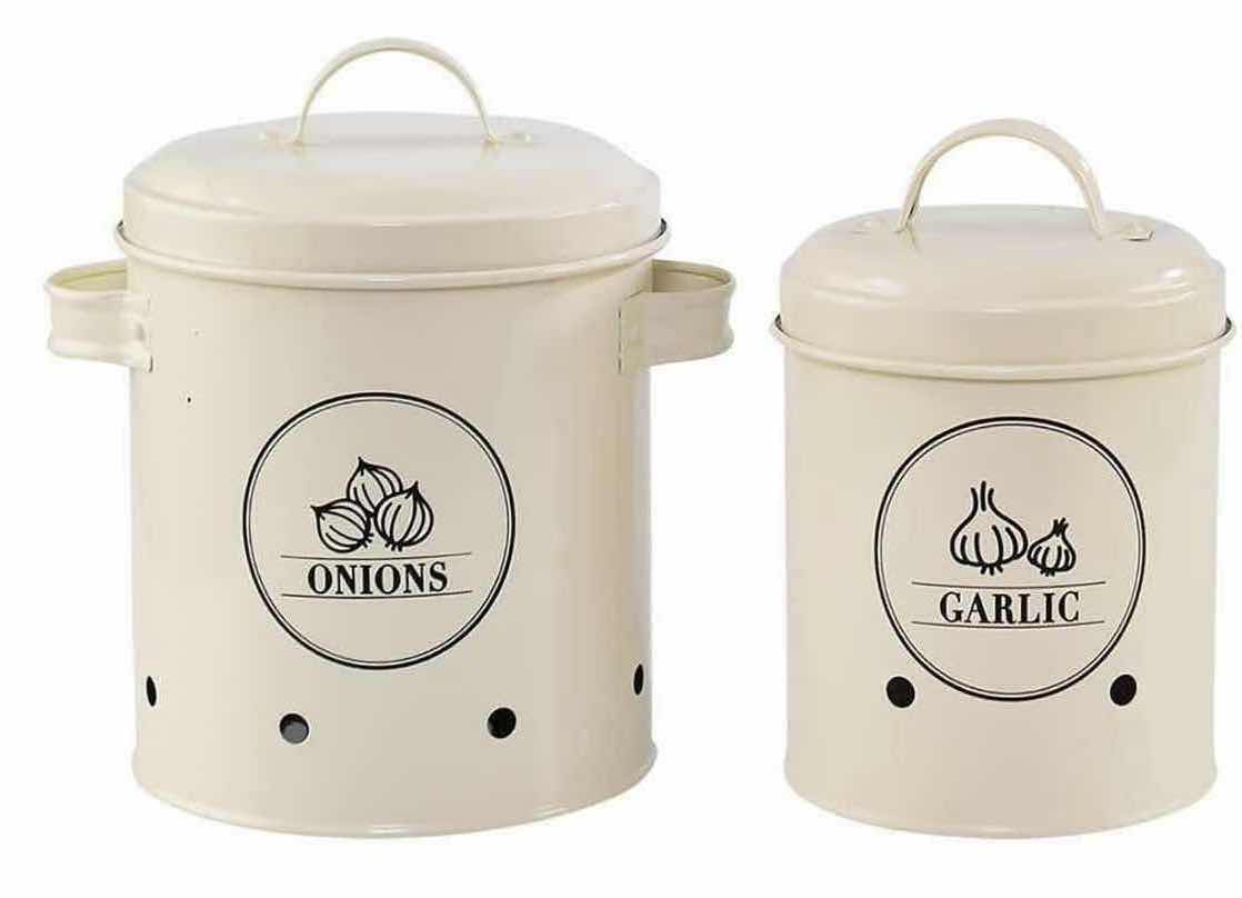 Photo 2 of NEW 2-PACK HOME-X GARLIC/ONION STORAGE CANISTER SET OF 2, SOFT WHITE (2 BOXES OF CANISTER SETS OF 2)