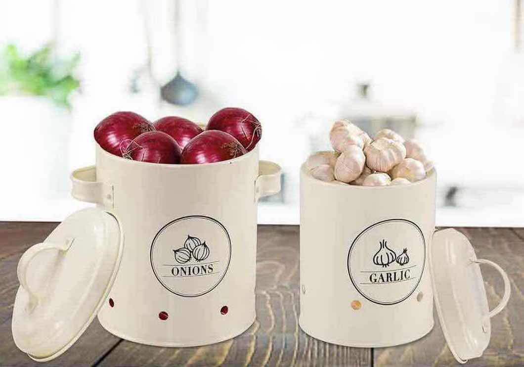 Photo 1 of NEW 2-PACK HOME-X GARLIC/ONION STORAGE CANISTER SET OF 2, SOFT WHITE (2 BOXES OF CANISTER SETS OF 2)