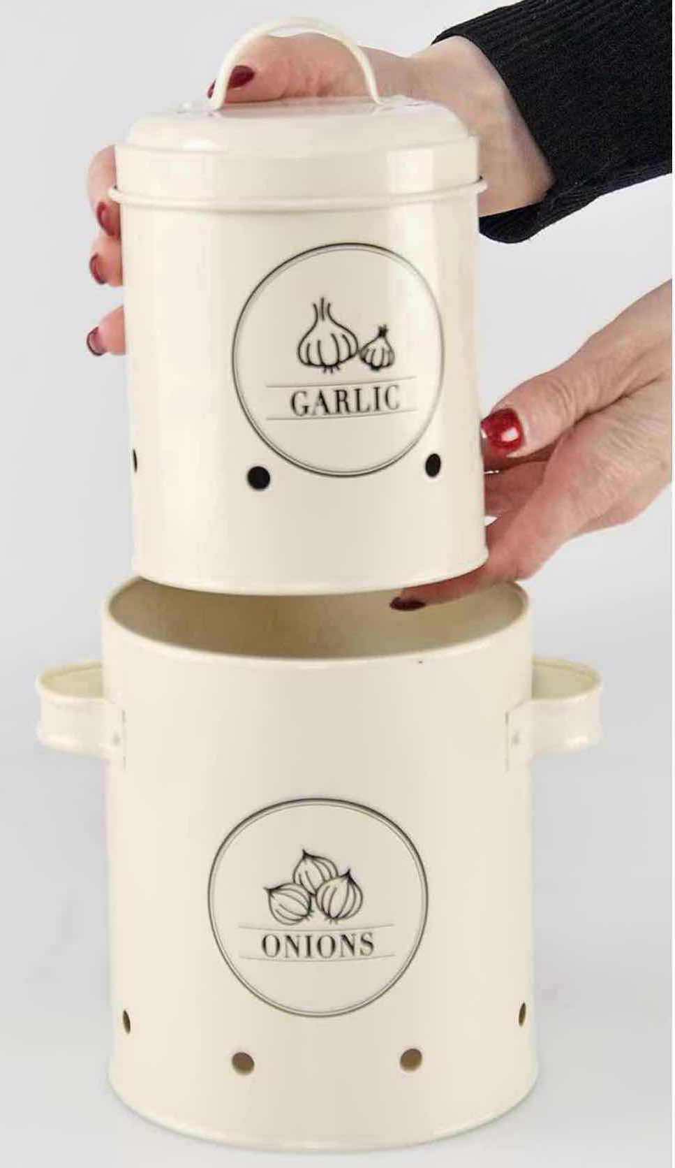 Photo 4 of NEW 2-PACK HOME-X GARLIC/ONION STORAGE CANISTER SET OF 2, SOFT WHITE (2 BOXES OF CANISTER SETS OF 2)