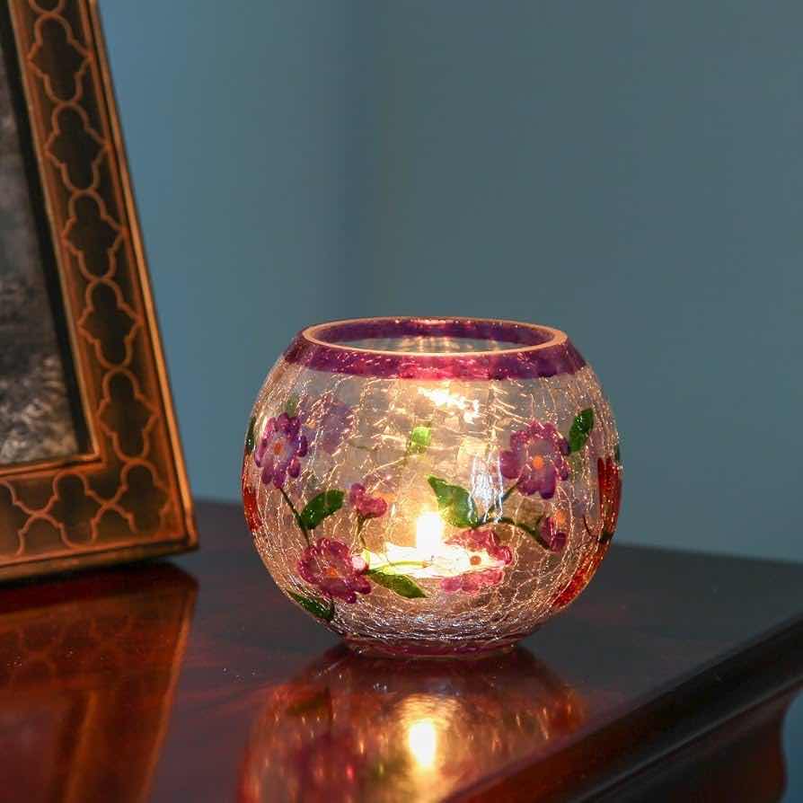 Photo 2 of NEW CASE HOME-X HAND PAINTED BLOSSOMS & BUTTERFLIES CRACKLED GLASS CANDLE HOLDERS 2PK (BOX OF 12)