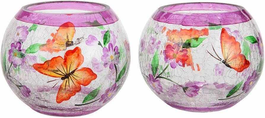 Photo 1 of NEW CASE HOME-X HAND PAINTED BLOSSOMS & BUTTERFLIES CRACKLED GLASS CANDLE HOLDERS 2PK (BOX OF 12)