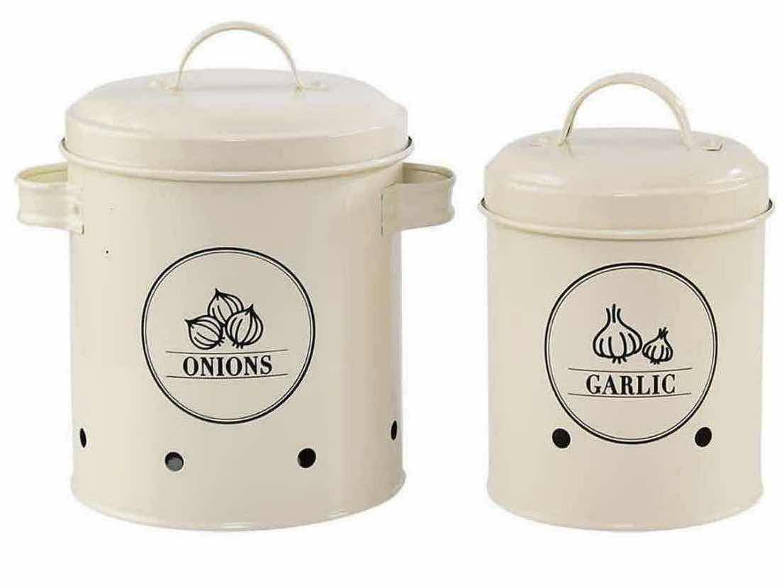 Photo 1 of  NEW CASE OF HOME-X GARLIC/ONION STORAGE CANISTER SET OF 2, SOFT WHITE (6 PER CASE)