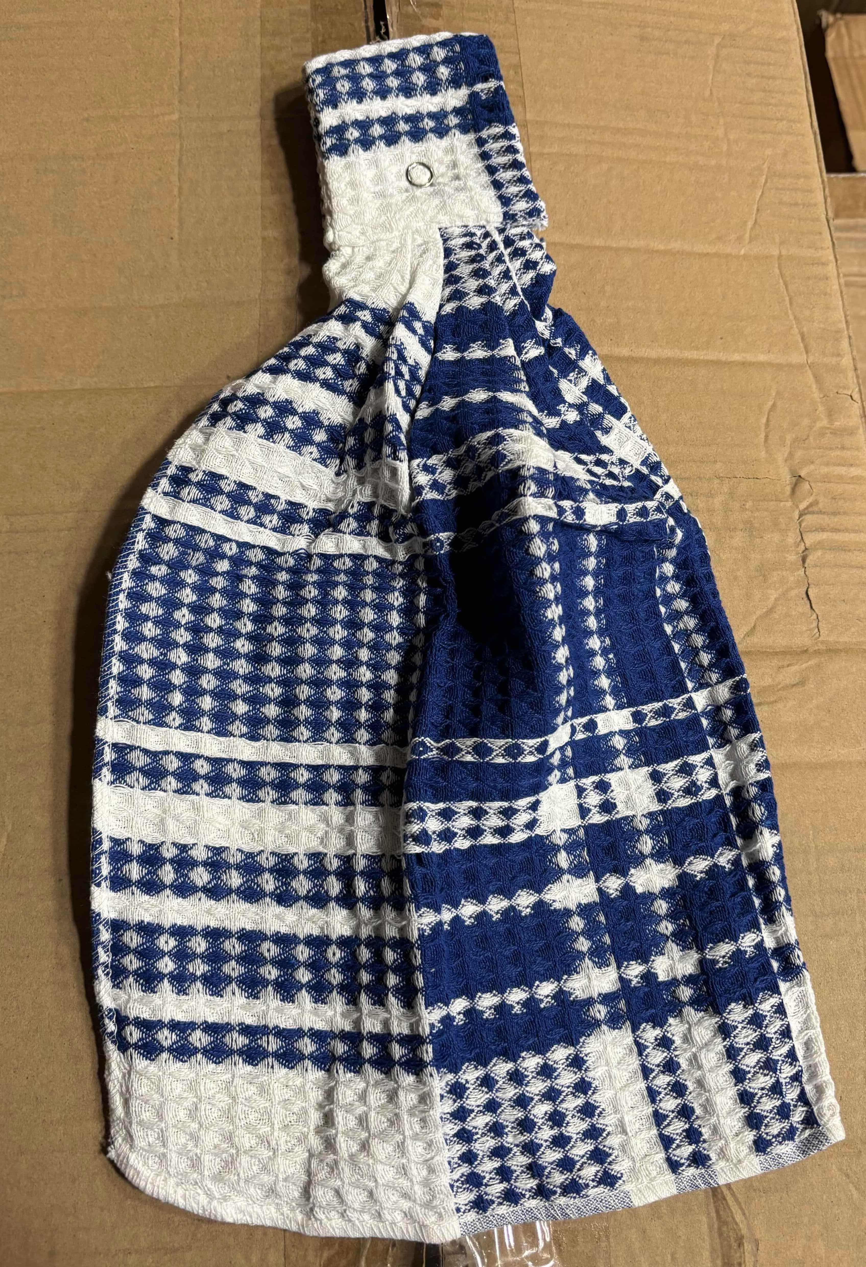 Photo 1 of NEW CASE OF AGIS INC KITCHEN TOWEL WITH LOOP & SNAP, HANGING DISH TOWEL, BLUE/WHITE PLAID (APPROX 72 PCS)