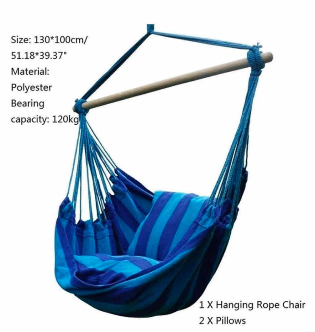 Photo 2 of NEW ARAD INDOOR/OUTDOOR THICK CANVAS HANGING HAMMOCK W 2 CUSHIONS (BLUE STRIPED) 1 CASE/ 4PACK