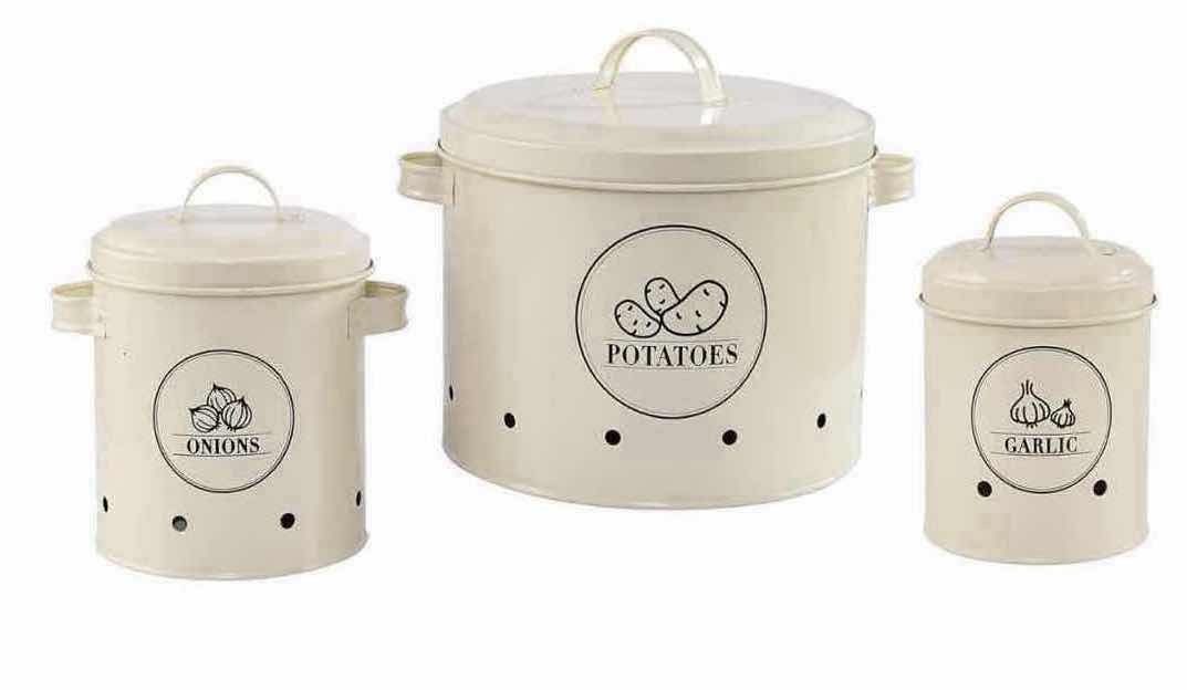 Photo 1 of NEW CASE OF HOME-X 3-PC CANISTER SET, POTATO, ONION & GARLIC, CREAM COLOR (4 SETS/CASE)