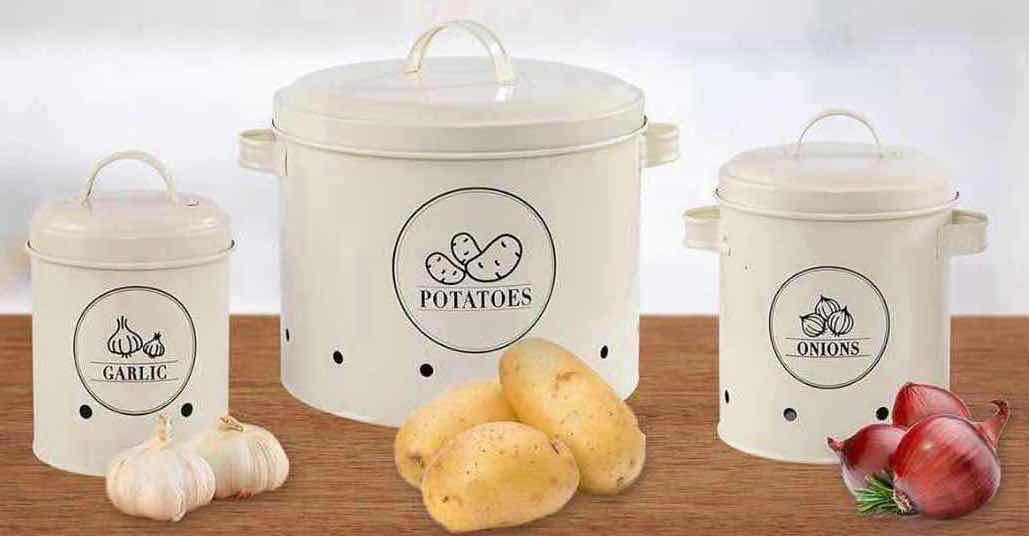 Photo 1 of NEW CASE OF HOME-X 3-PC CANISTER SET, POTATO, ONION & GARLIC, CREAM COLOR (4 SETS/CASE)